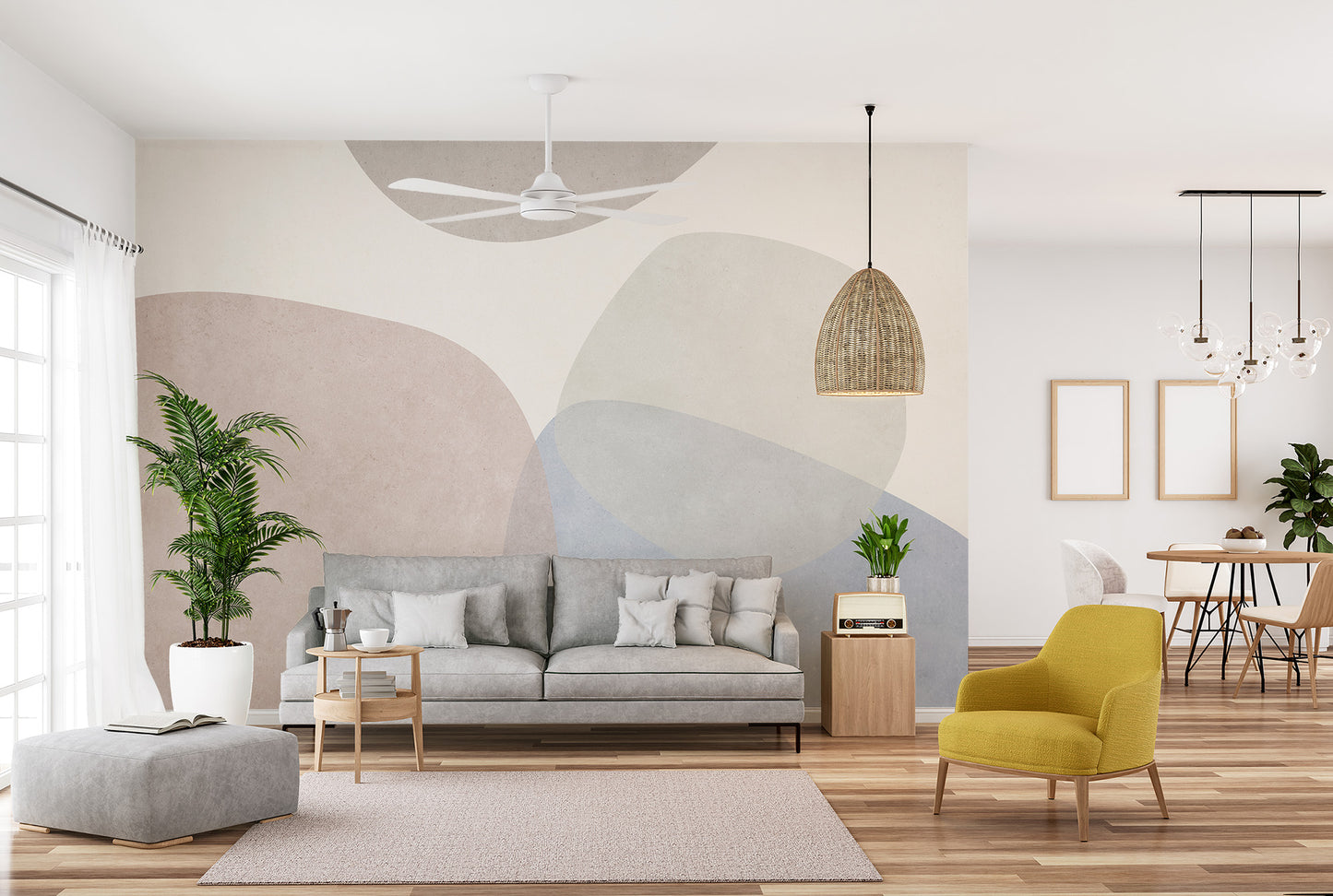 Pastel artistic mural with organic shapes