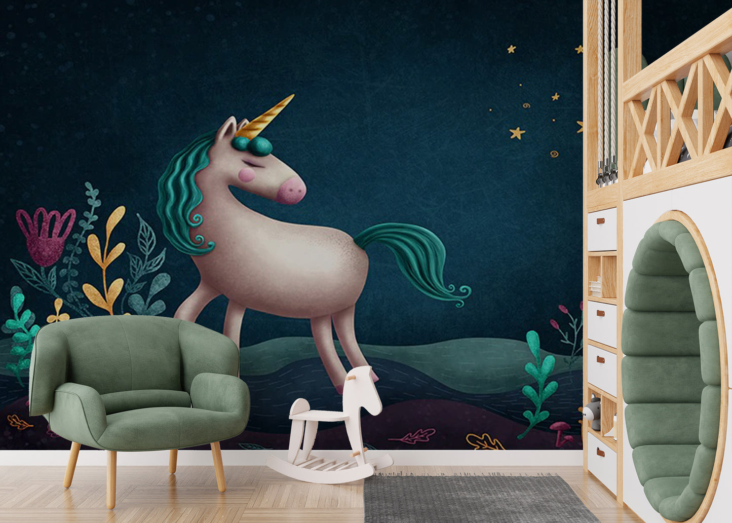 Blue & Green Night Unicorn Kids Nursery Wallpaper Mural