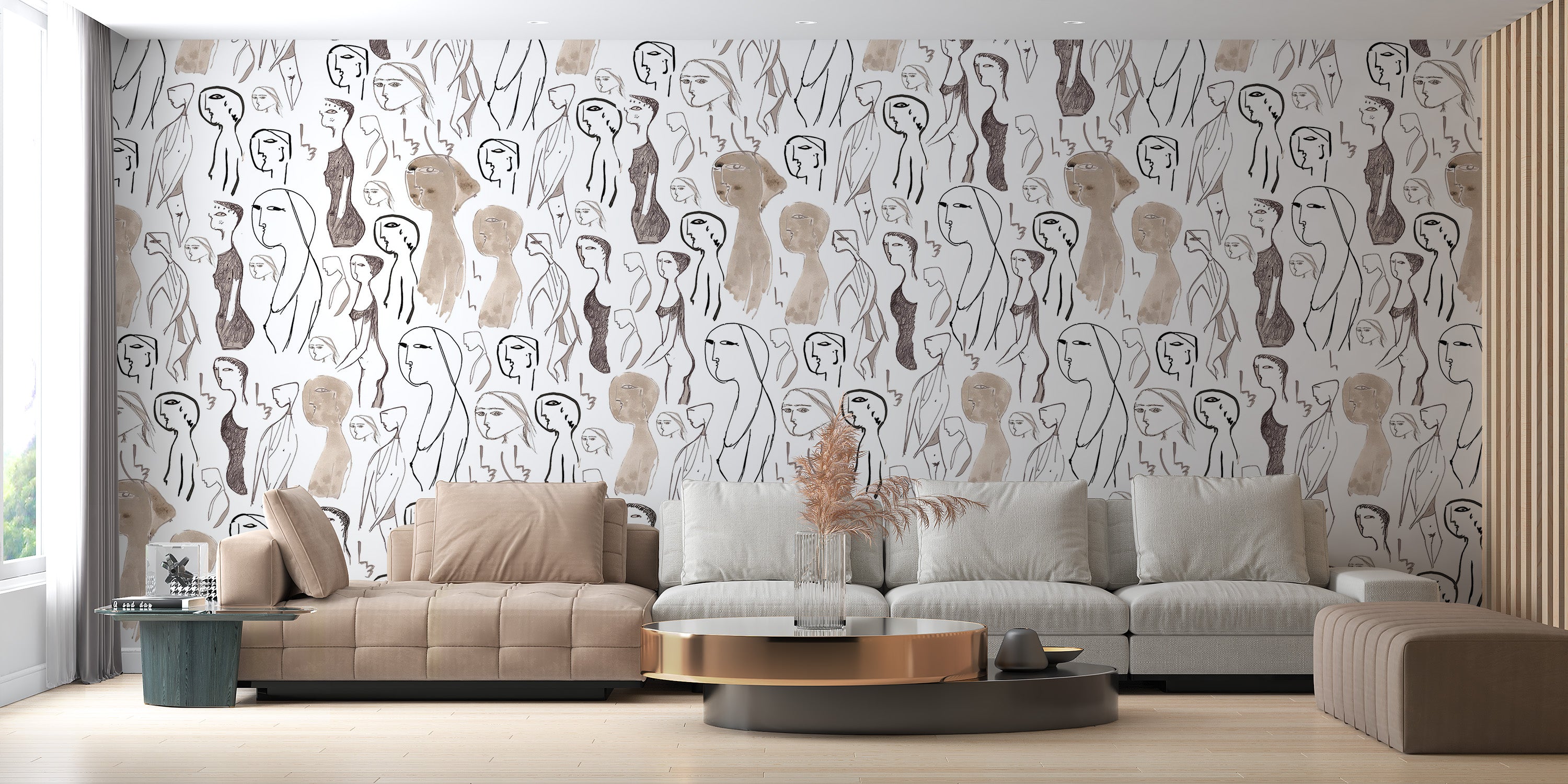 Bold artistic wallpaper in a modern living room