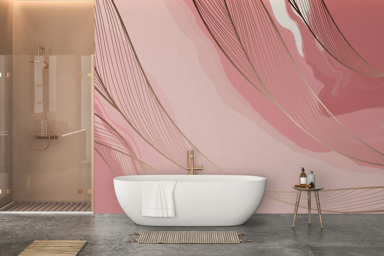 Artistic pink marble mural with gold tones