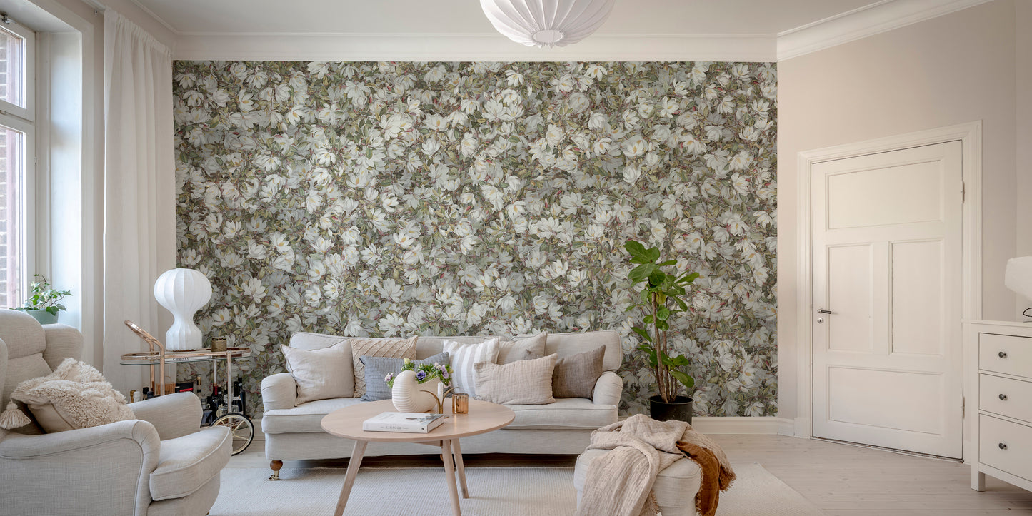 Lush white magnolia floral wallpaper design
