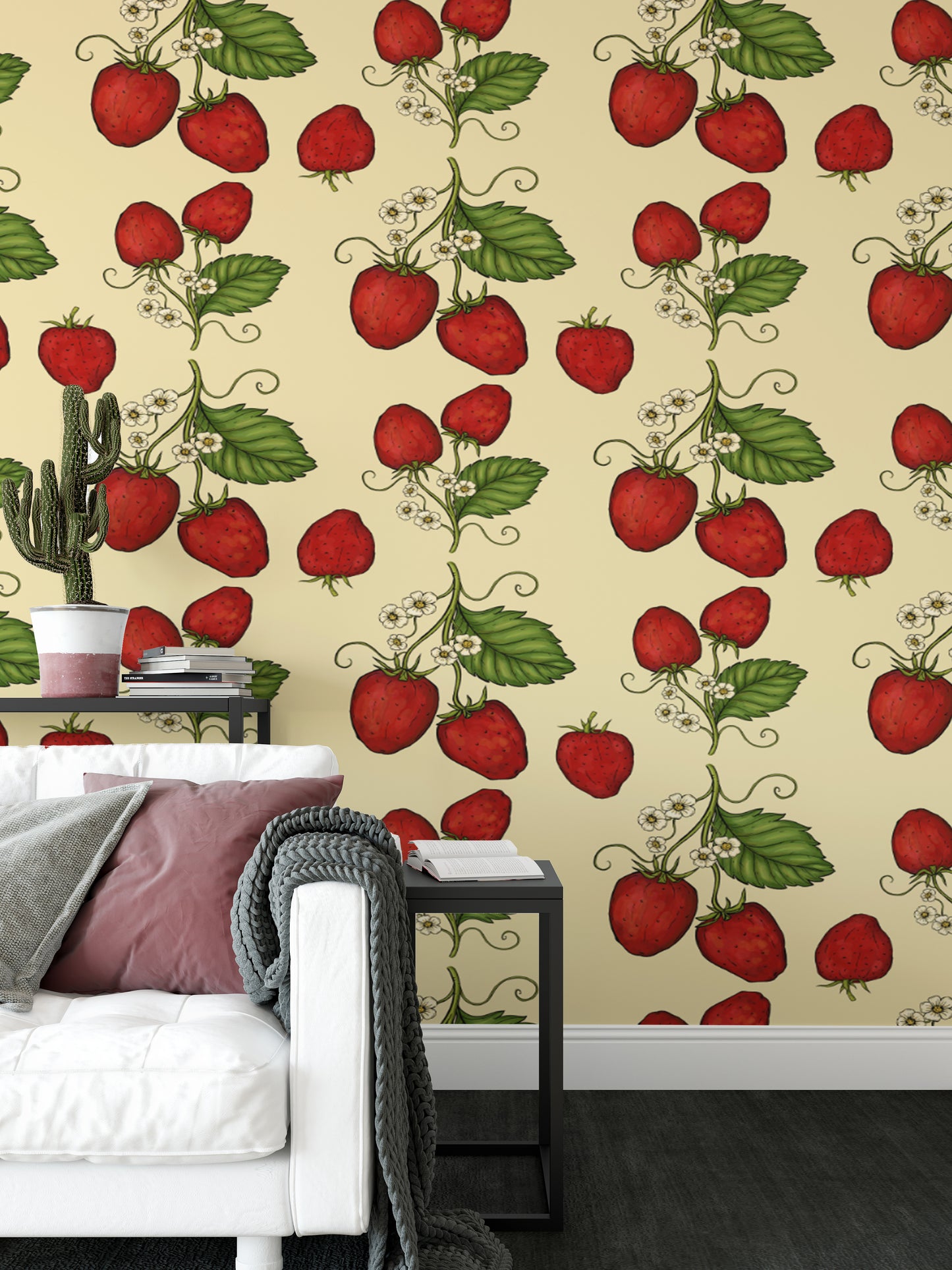 Charming trailing strawberries wallpaper in rich red tones.
