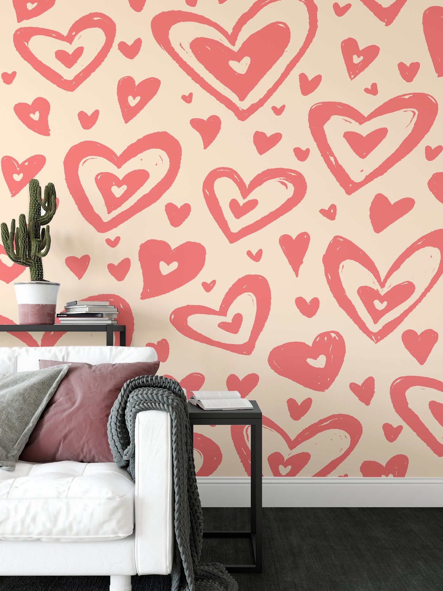 Playful pink hearts mural wallpaper for cheerful interiors.
