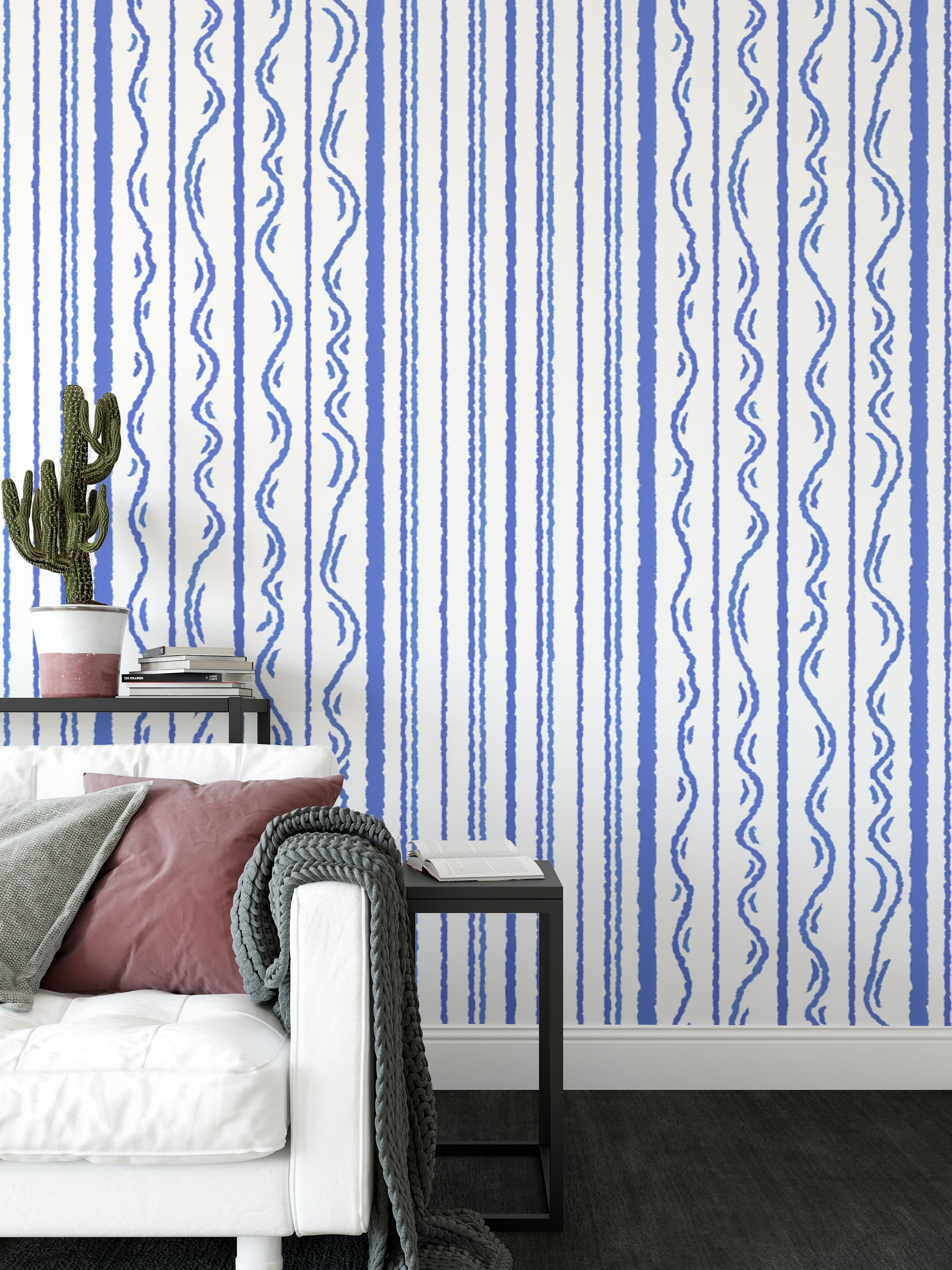 Classic blue stripe wall mural for a refined and timeless decor.