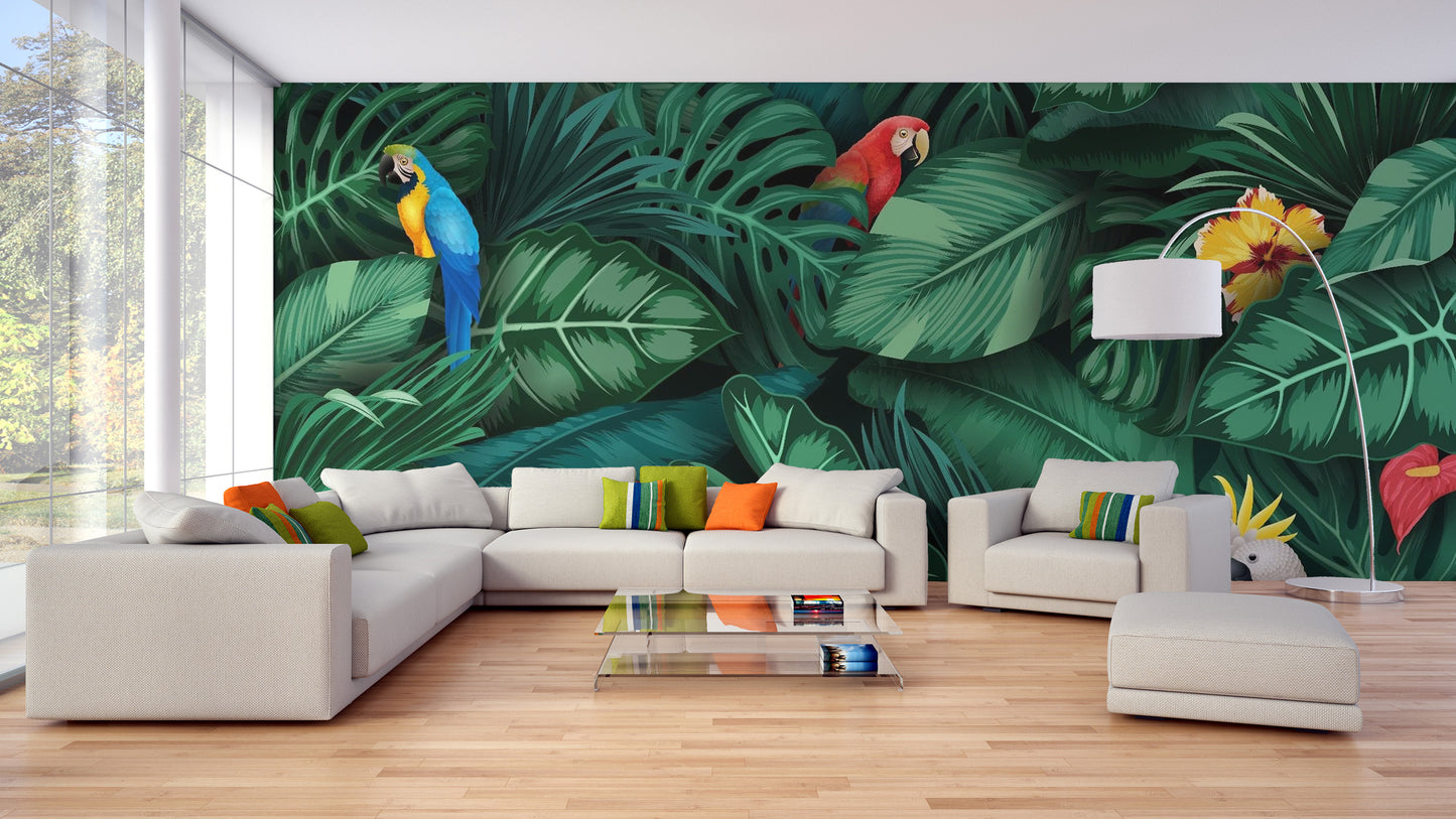 Tropical Green Leaves and Birds Wallpaper Mural