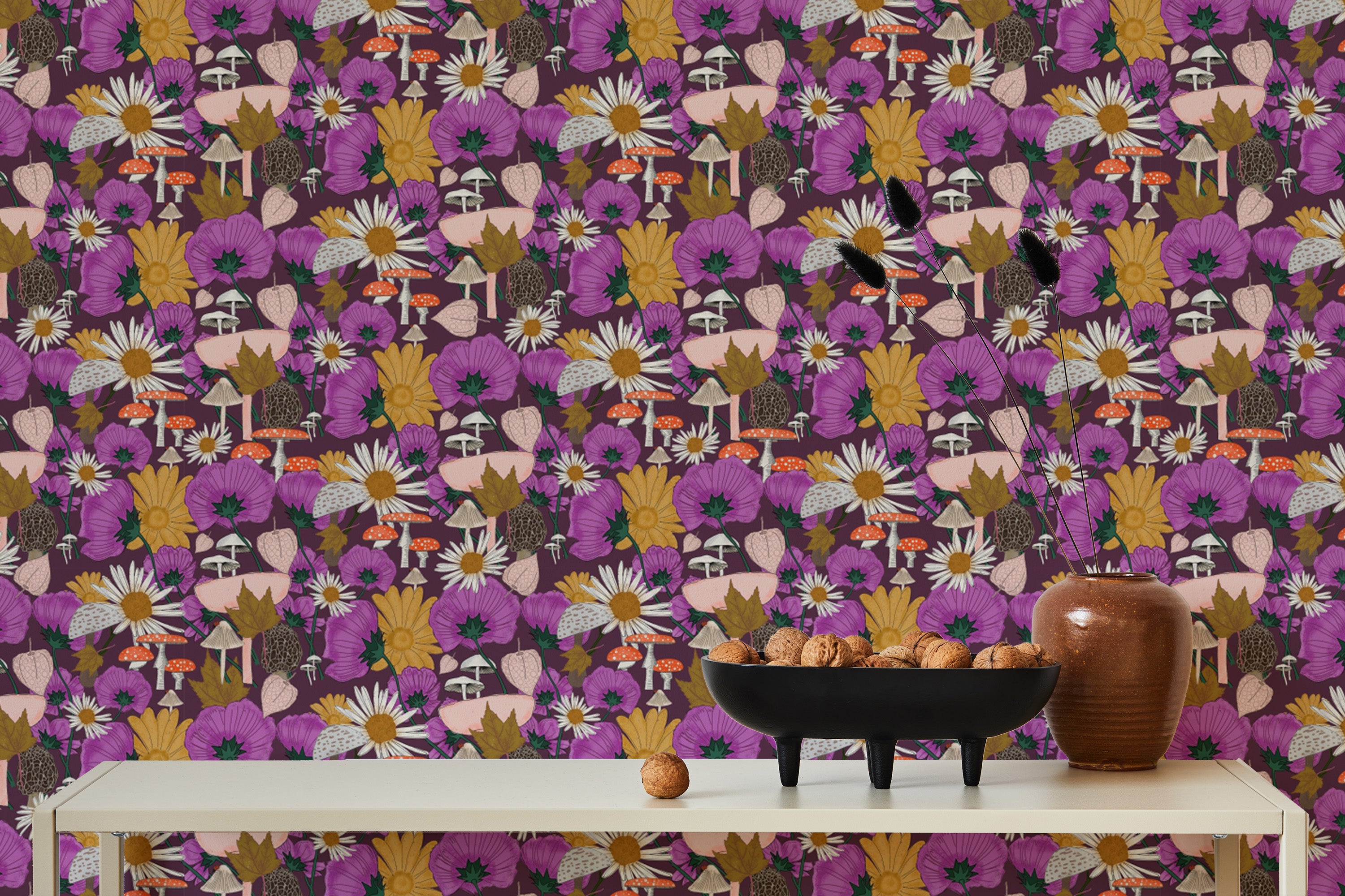 Elegant Wild Flowers and Mushrooms Purple Wallpaper