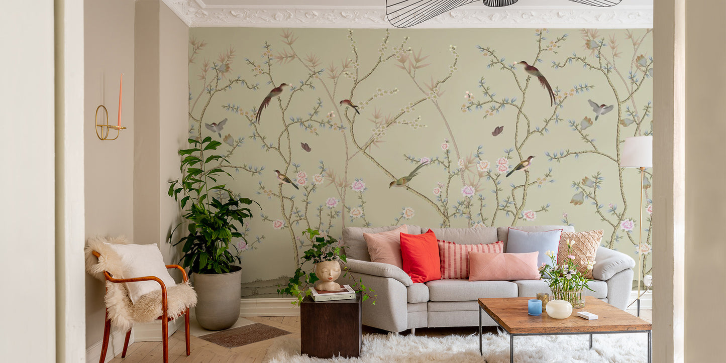 Detailed Chinoiserie Birds Mural Design
