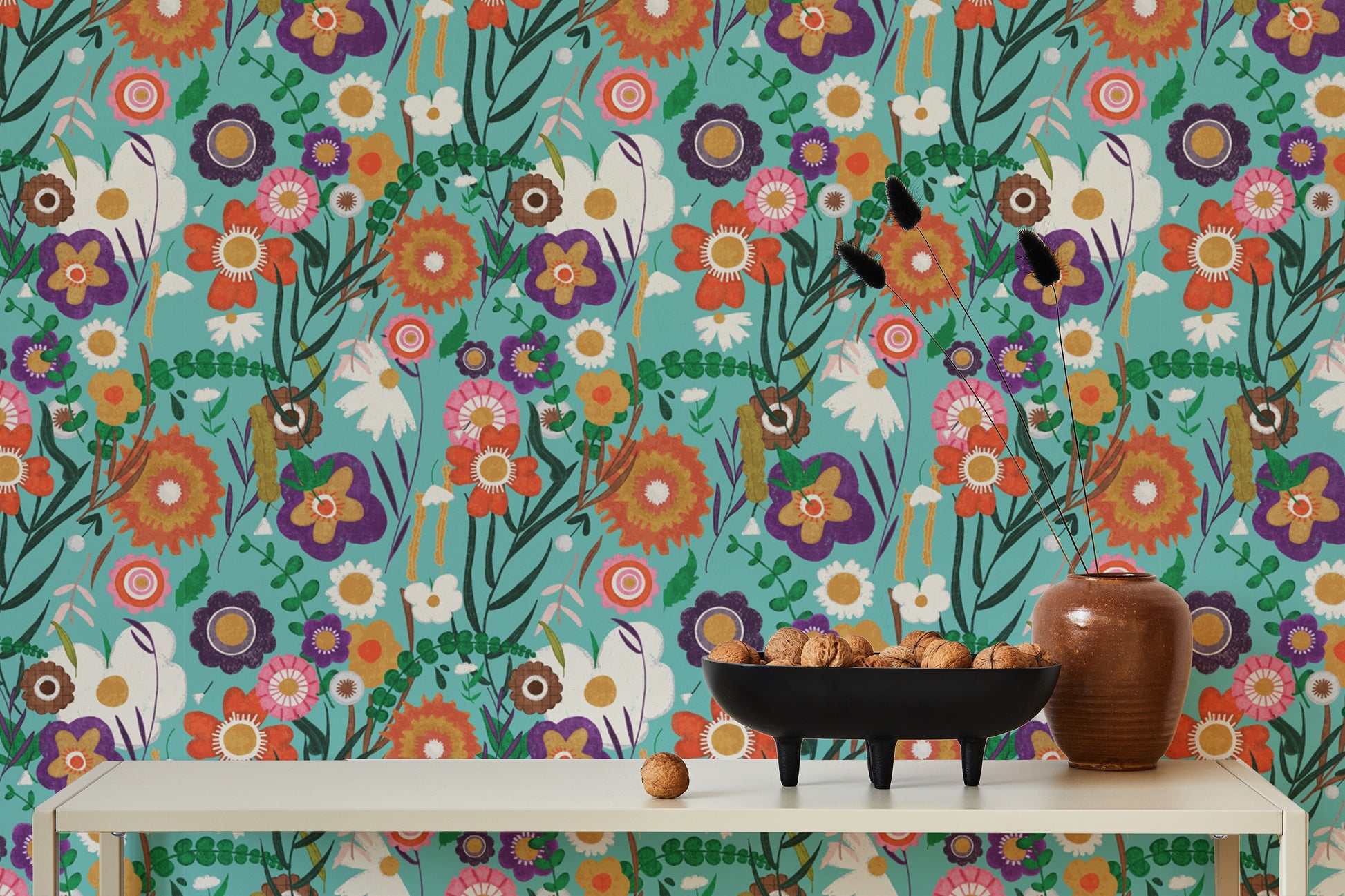 Nature-inspired wallpaper with folk patterns
