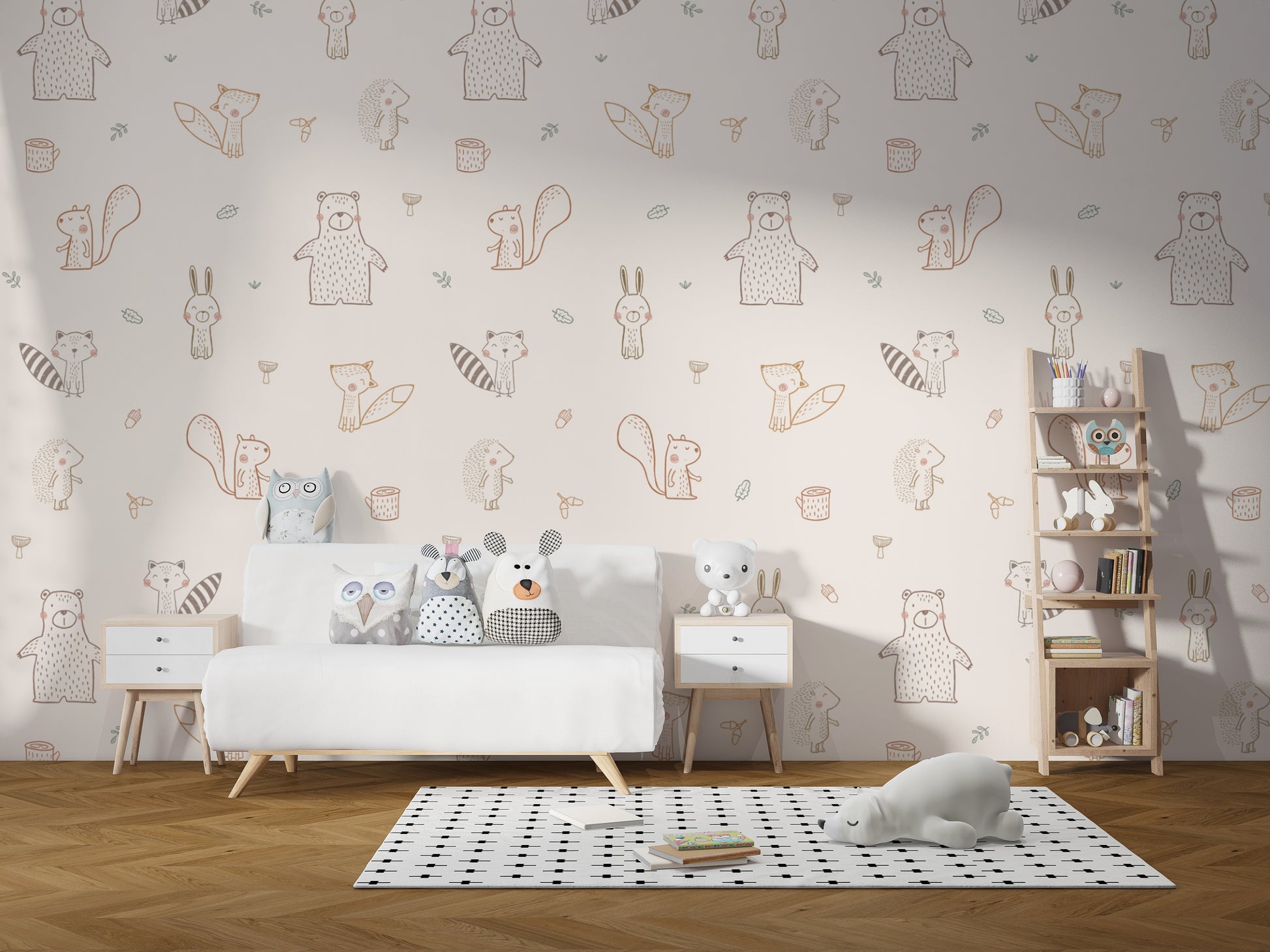 Woodland baby animals wallpaper for a serene nursery look.
