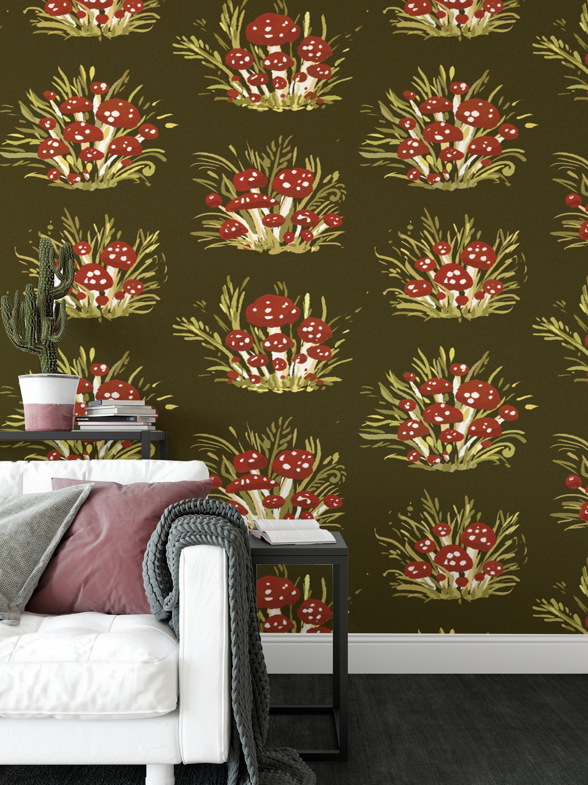 Nature-inspired millefleurs wallpaper with mushrooms in dark tones.
