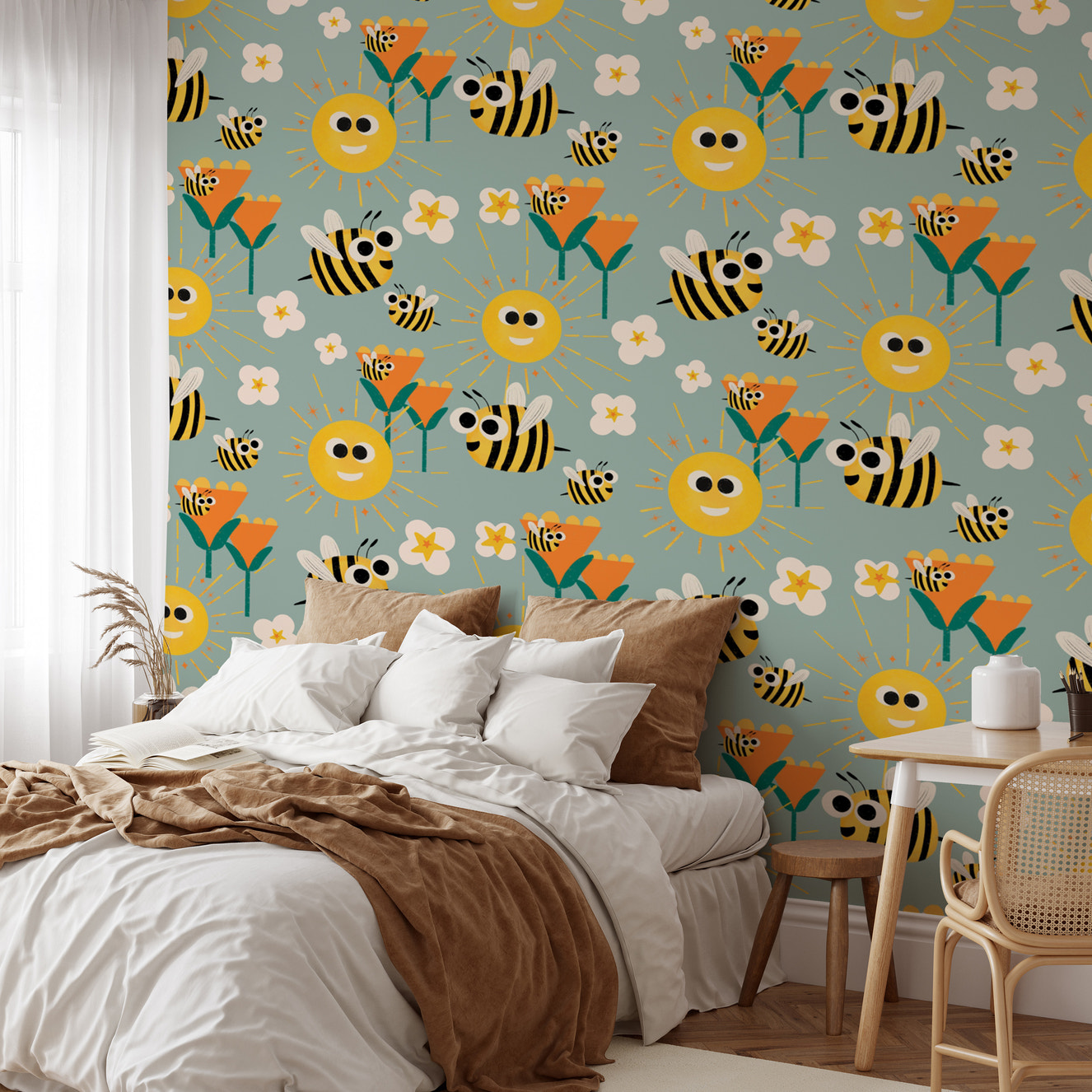 Happy bee-themed wallpaper with sunny vibes
