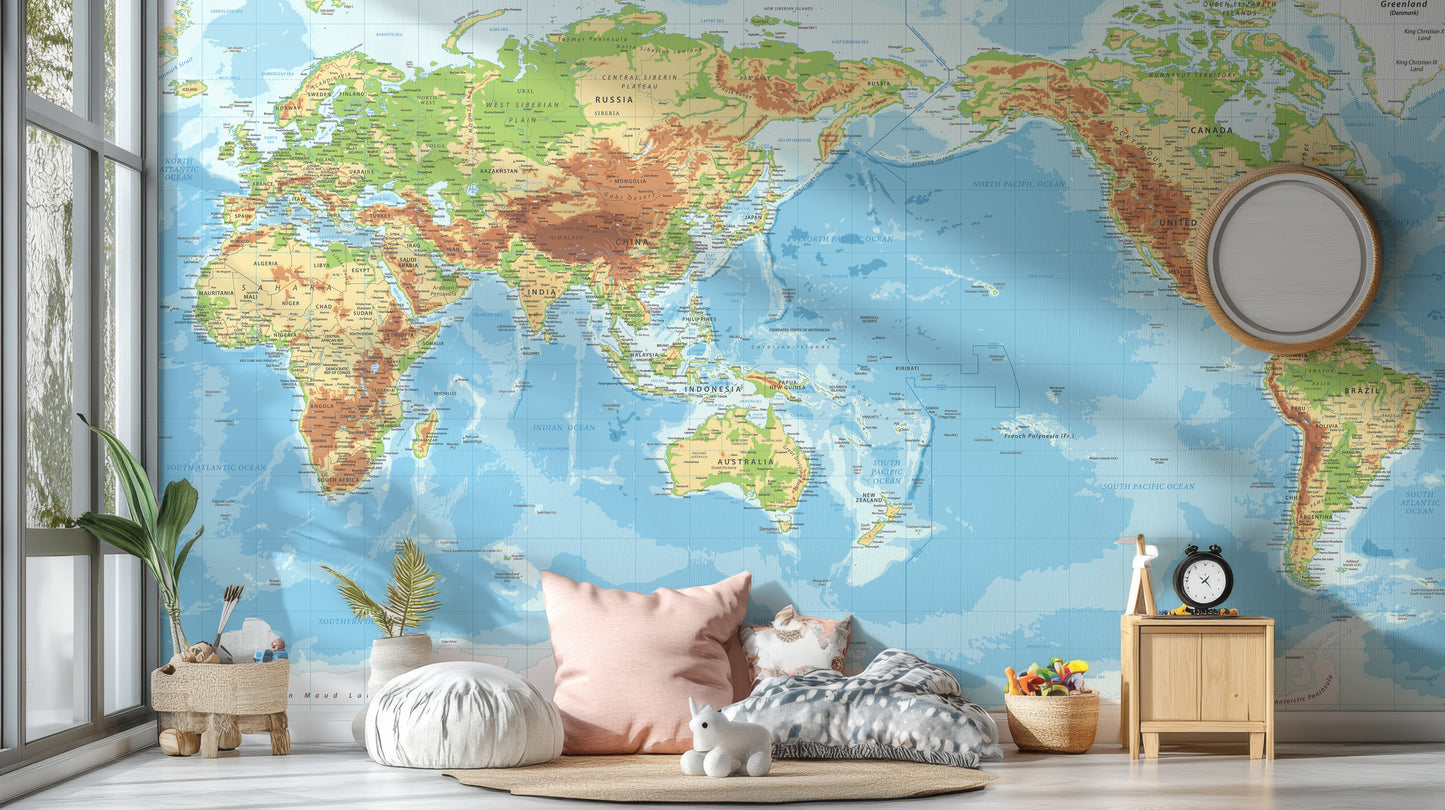 Pacific View Detailed World Map Wallpaper Murals