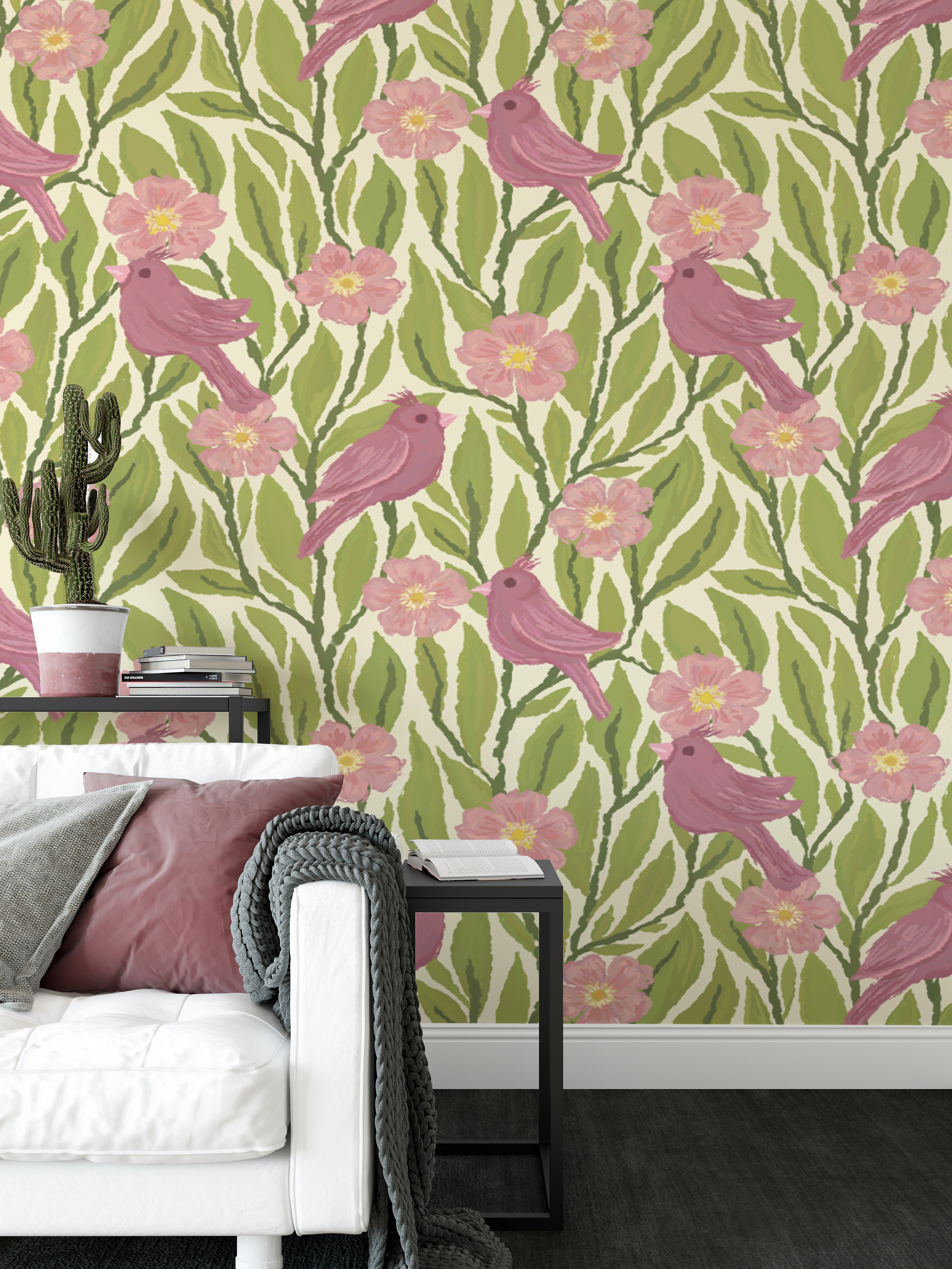 Vibrant pink birds and flowers wallpaper for lively, cheerful rooms.
