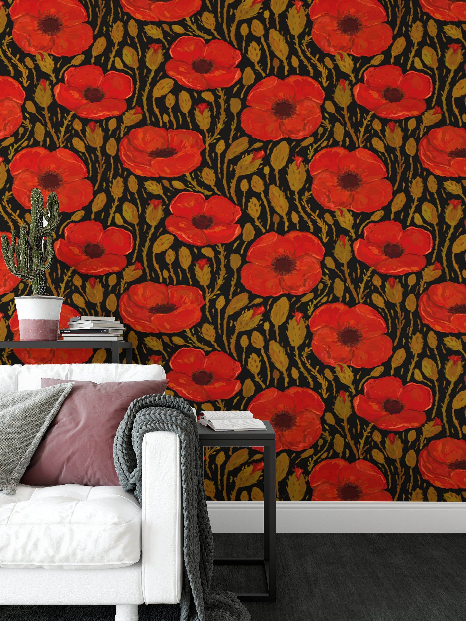 Vibrant dark red poppy mural for lively and dynamic interiors.
