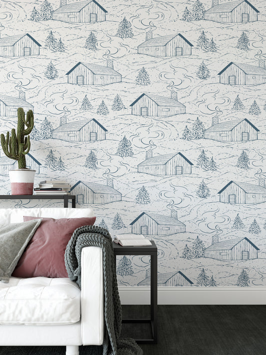 Serene smokey cabins blue wallpaper for tranquil, rustic decor.
