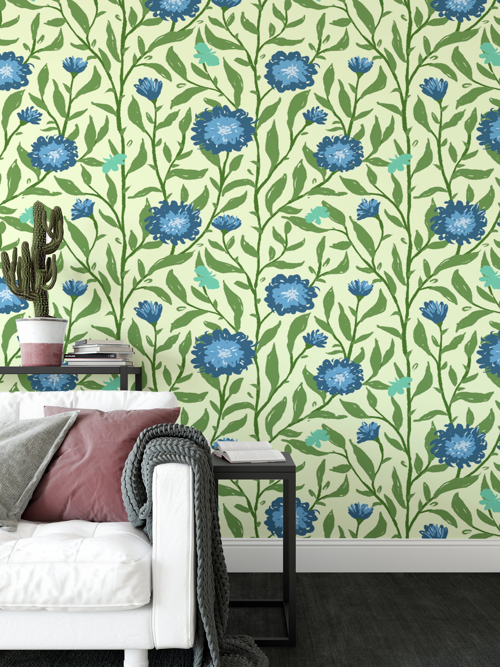 Nature-inspired trellis wallpaper in light blue for fresh, tranquil vibes.
