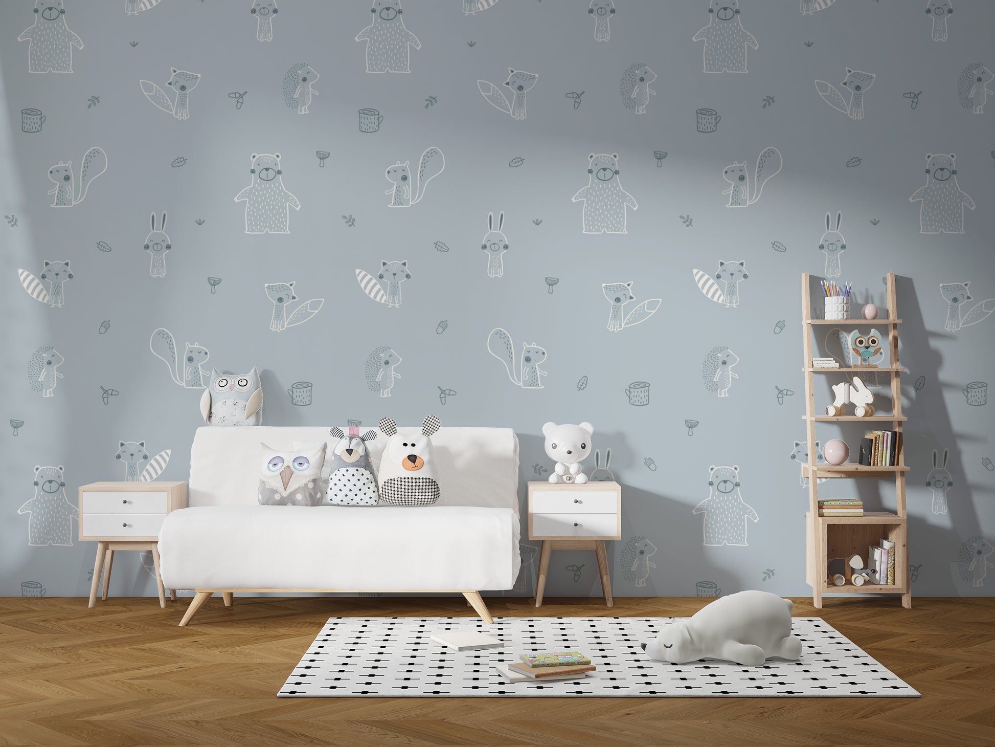 Soft blue forest friends mural for a serene ambiance.
