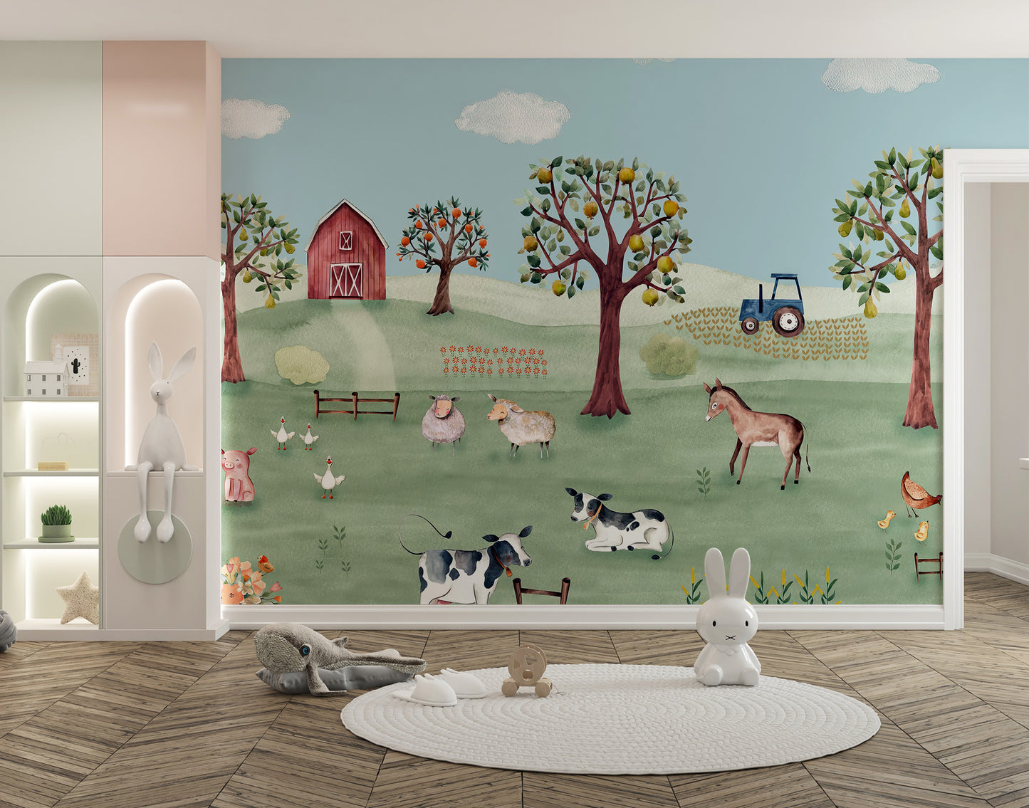 Playful country-themed mural for children's rooms