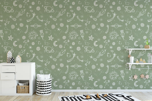 Space Voyage Green Kids Wallpaper for dreamy walls