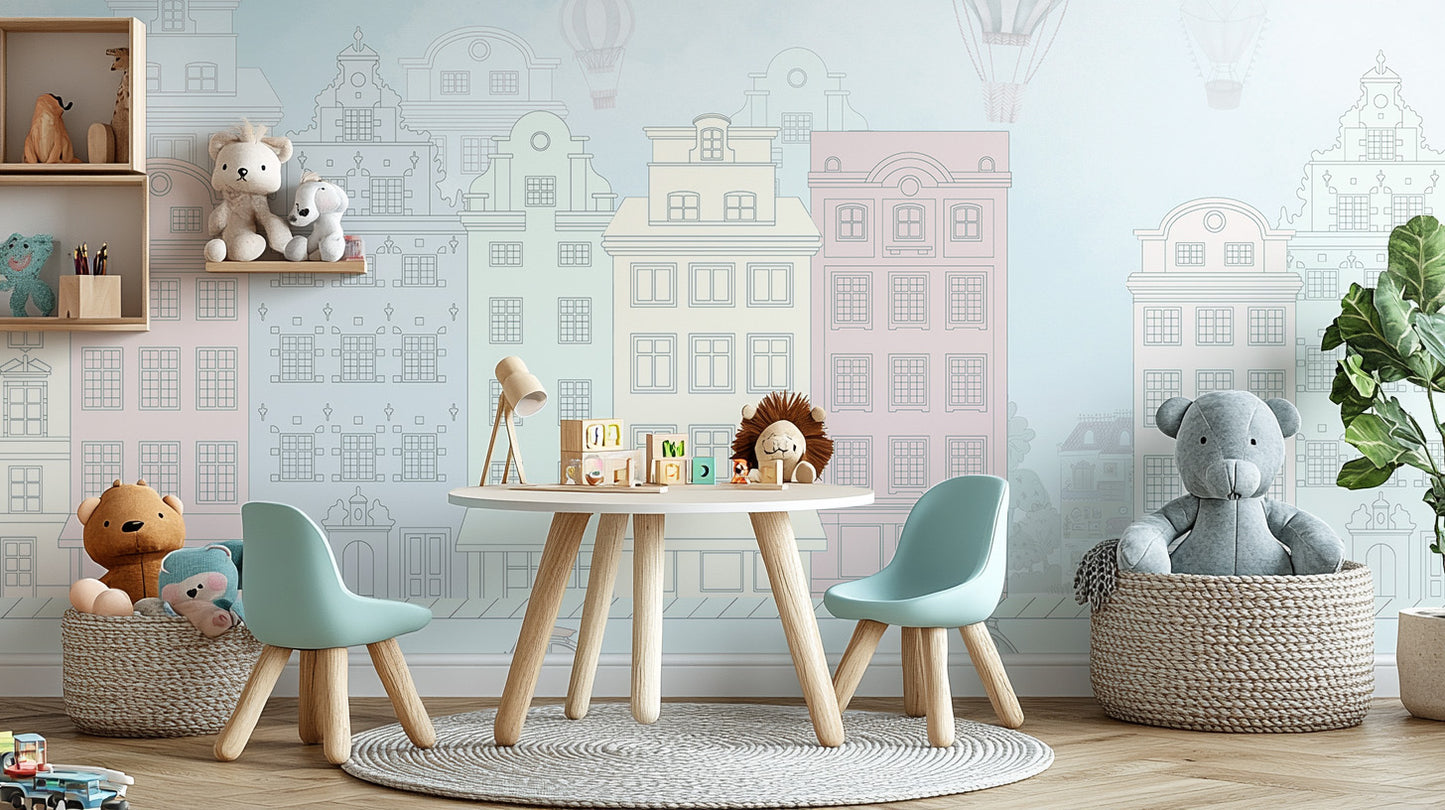 Nursery wallpaper with pastel cityscape
