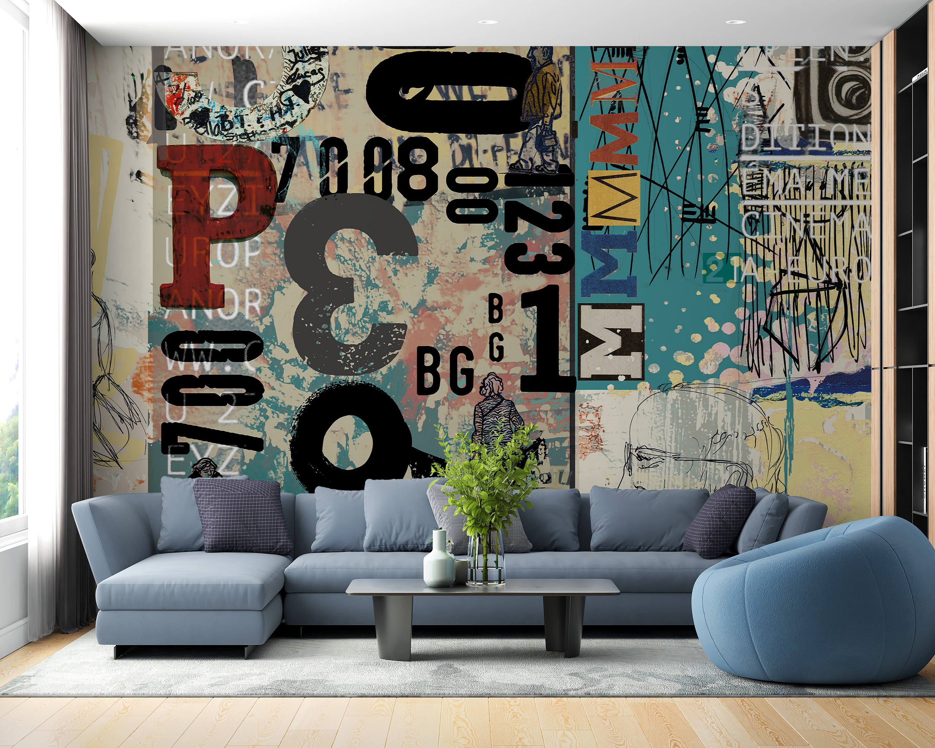 Living room shines with a bold retro collage mural design