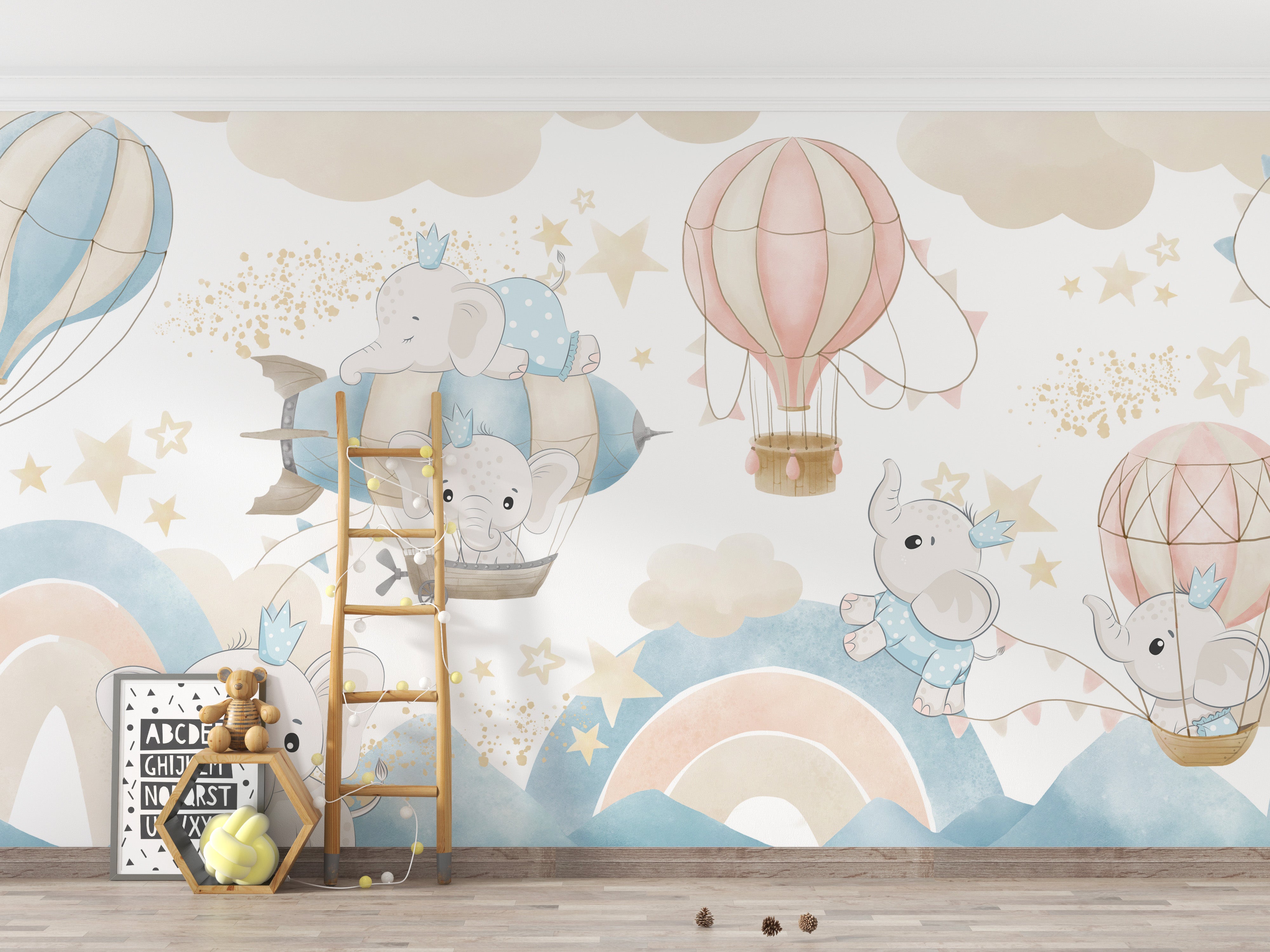 Adorable Baby Elephant Sky Adventure Mural for nurseries