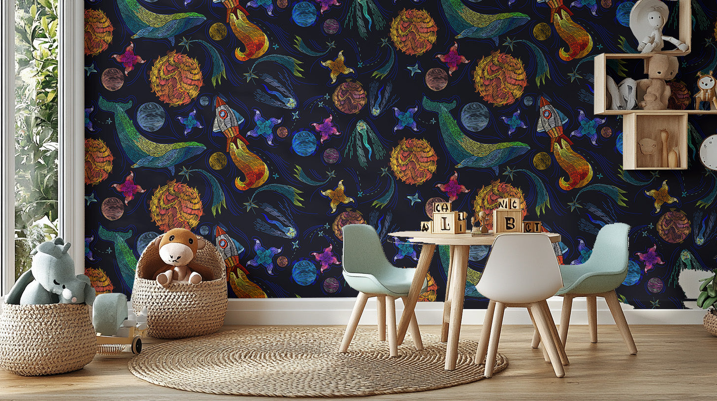 Whimsical spaceship and whale wallpaper