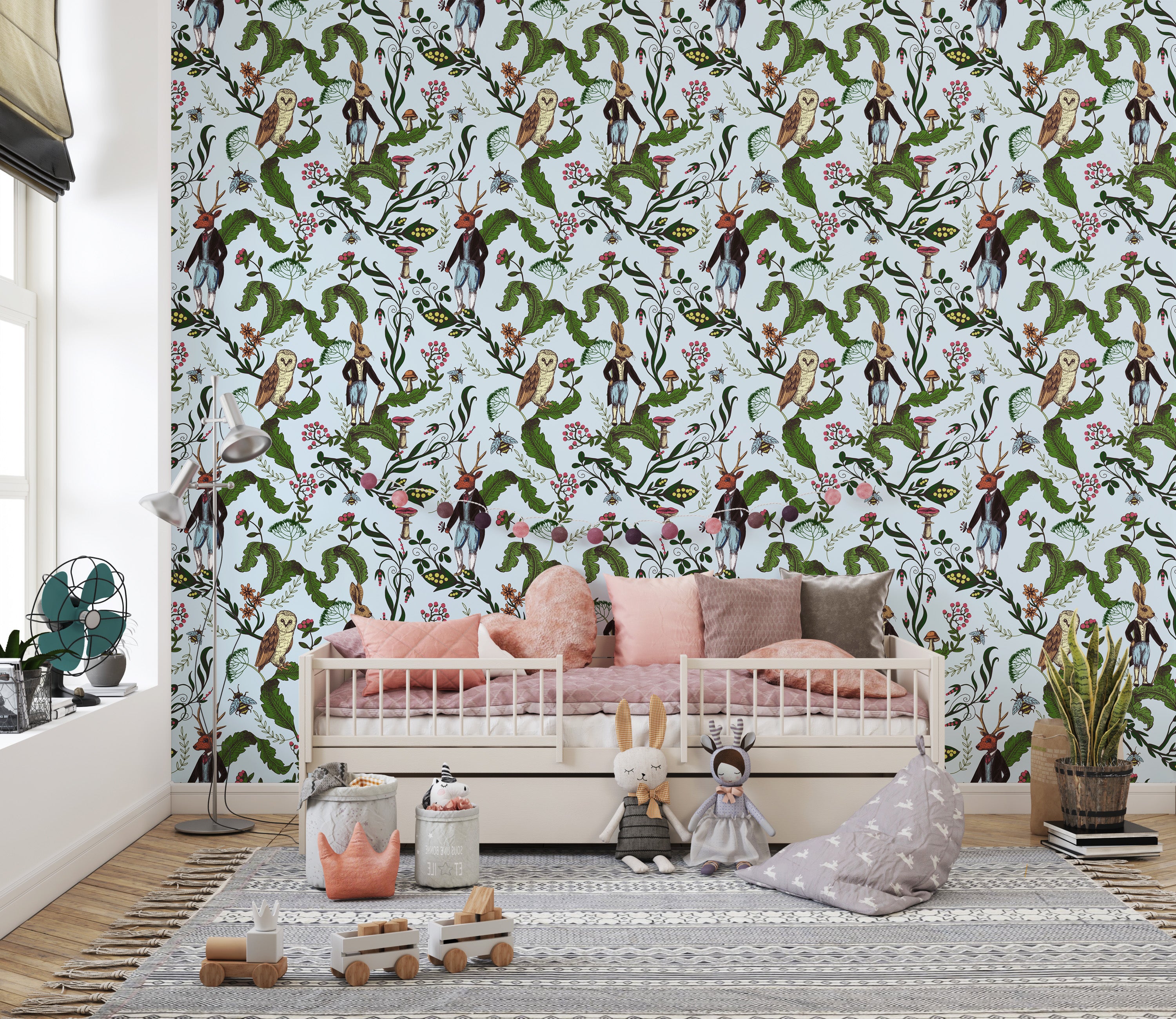 Whimsical forest animals and leaves mural
