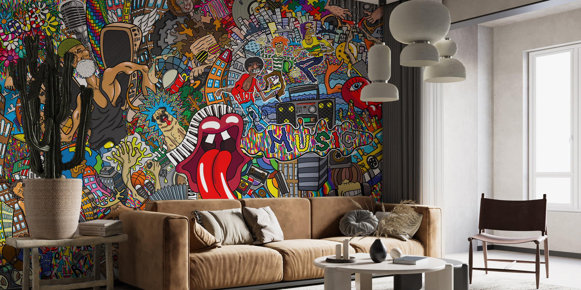 Artistic electric music graffiti mural wallpaper for unique interiors.