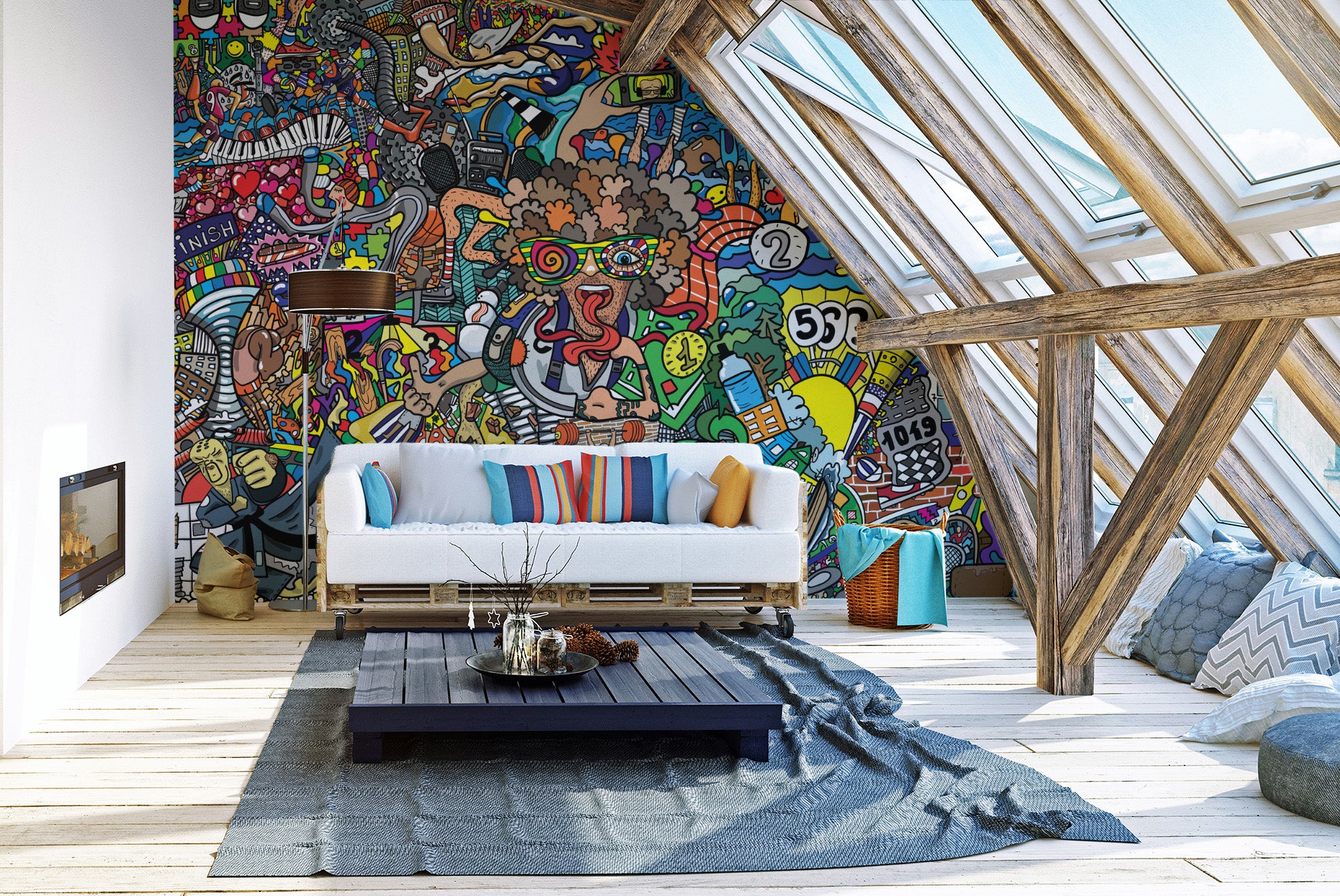 Bold sports collage graffiti wallpaper mural for statement decor.