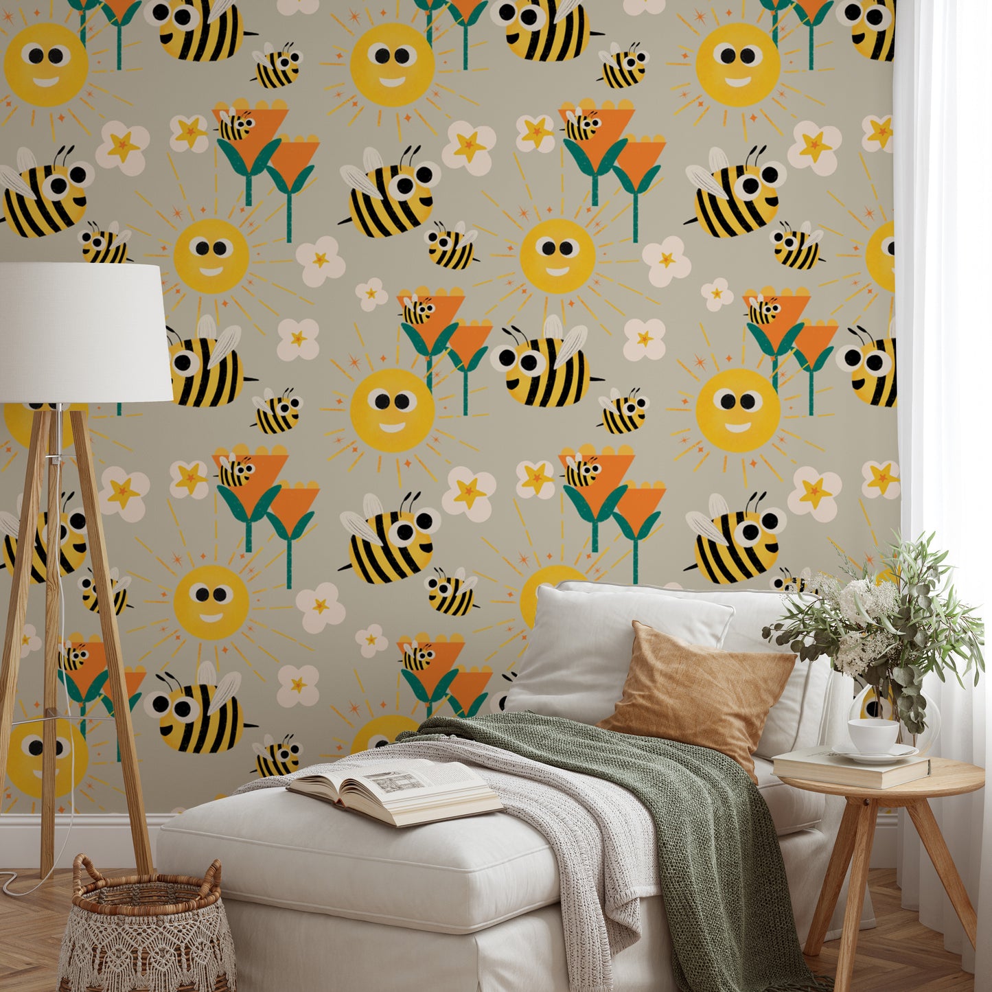 Happy bees and sunflowers wallpaper design
