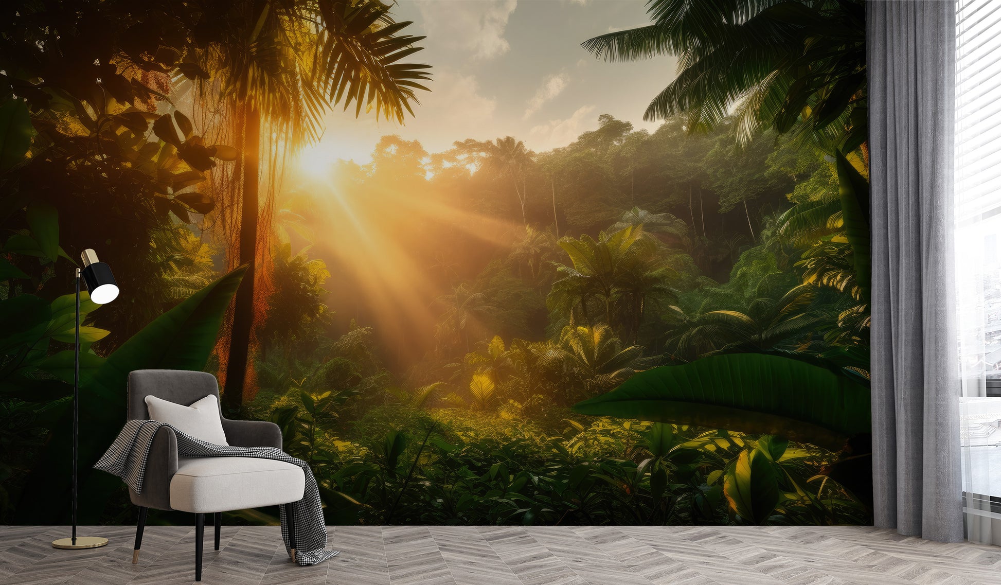 Captivating Sun Kissed Rainforest mural for stylish living room decor.