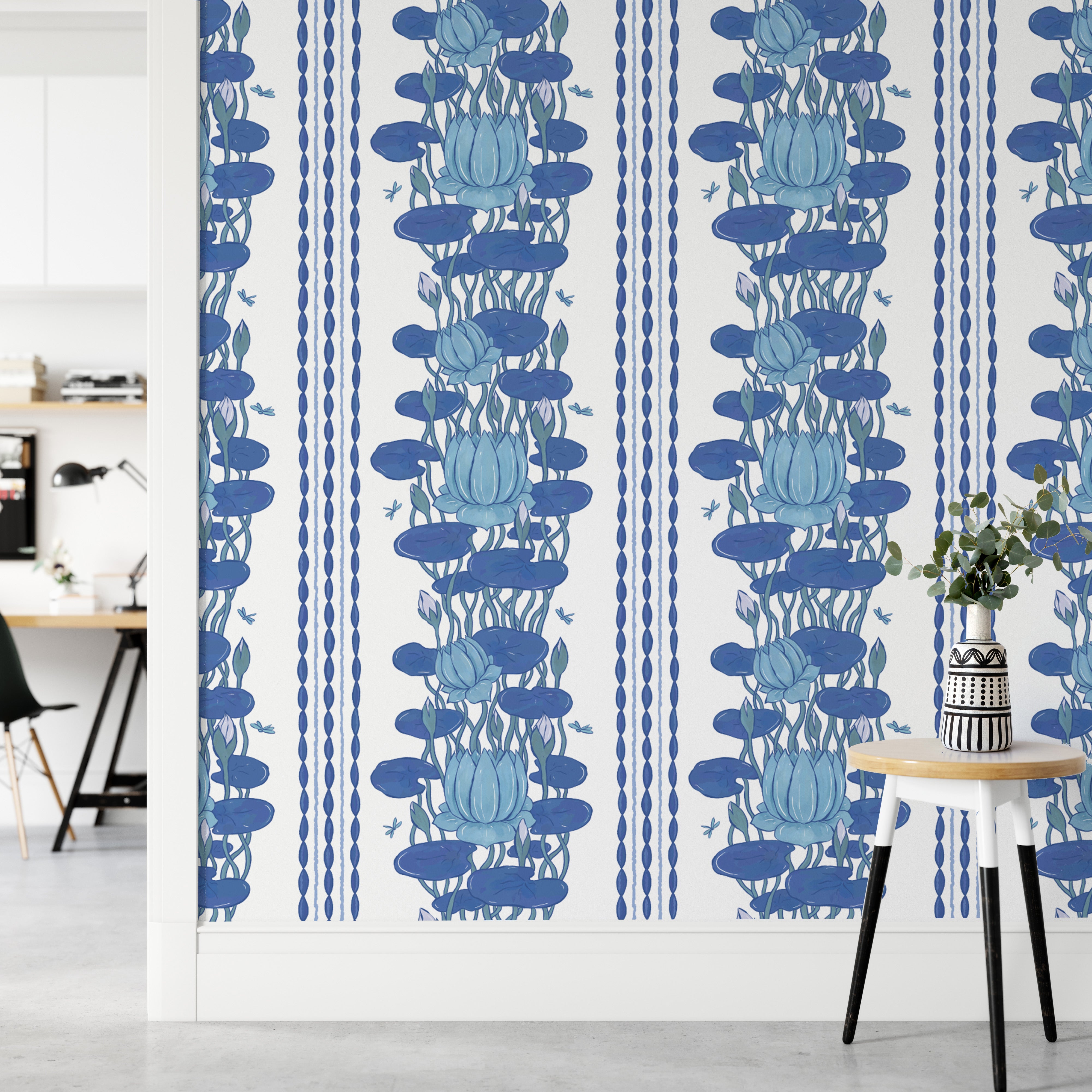 Artistic blue lotus wallpaper with stripes
