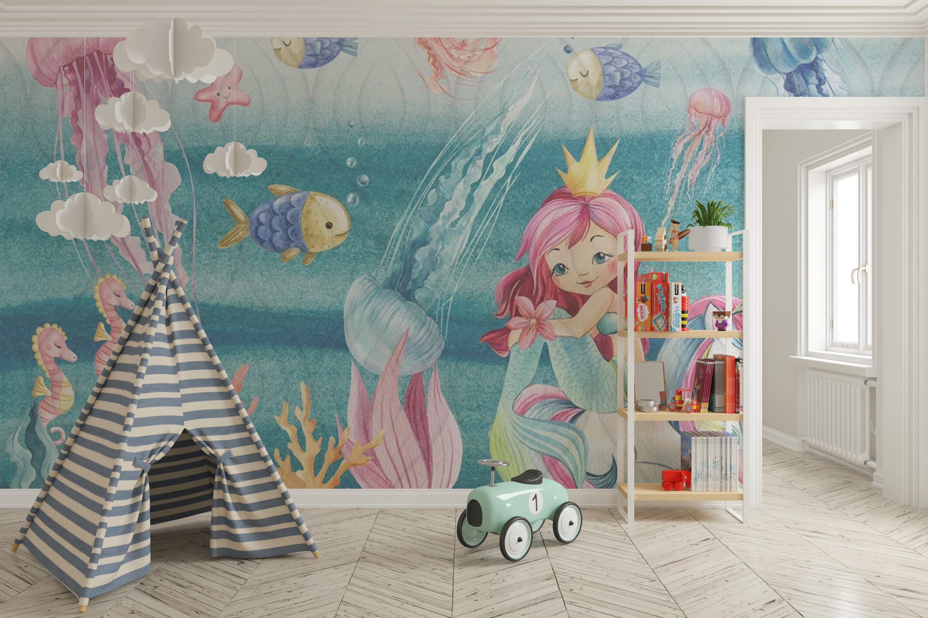 Playful mermaid nursery wallpaper for decor
