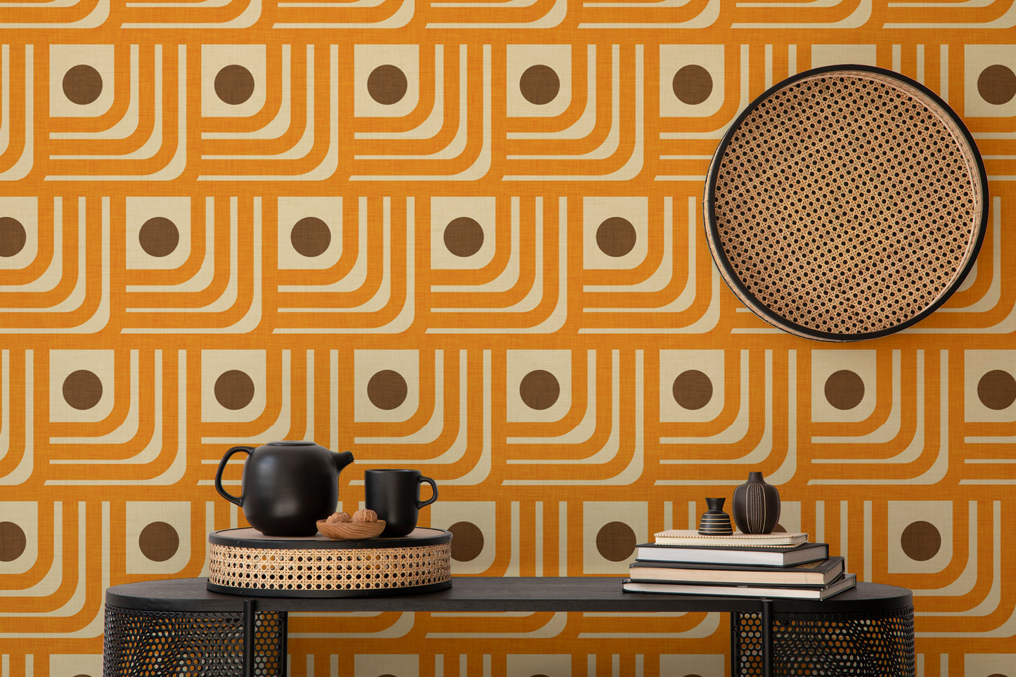 Retro 70s orange line wallpaper with brown dots
