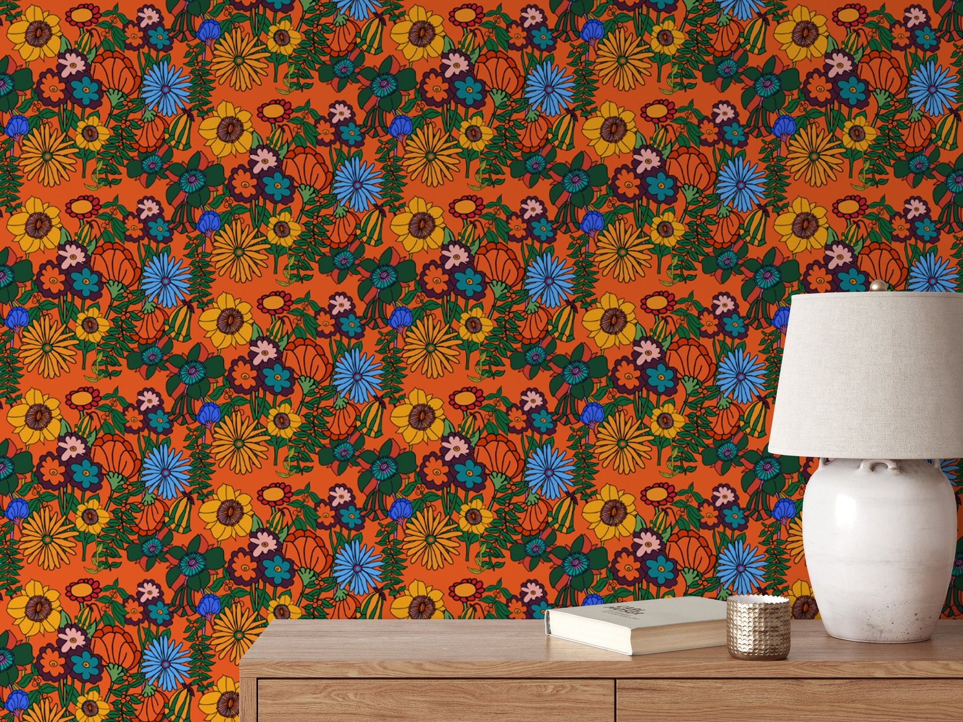 Retro 60s Floral Orange Wallpaper for vibrant walls