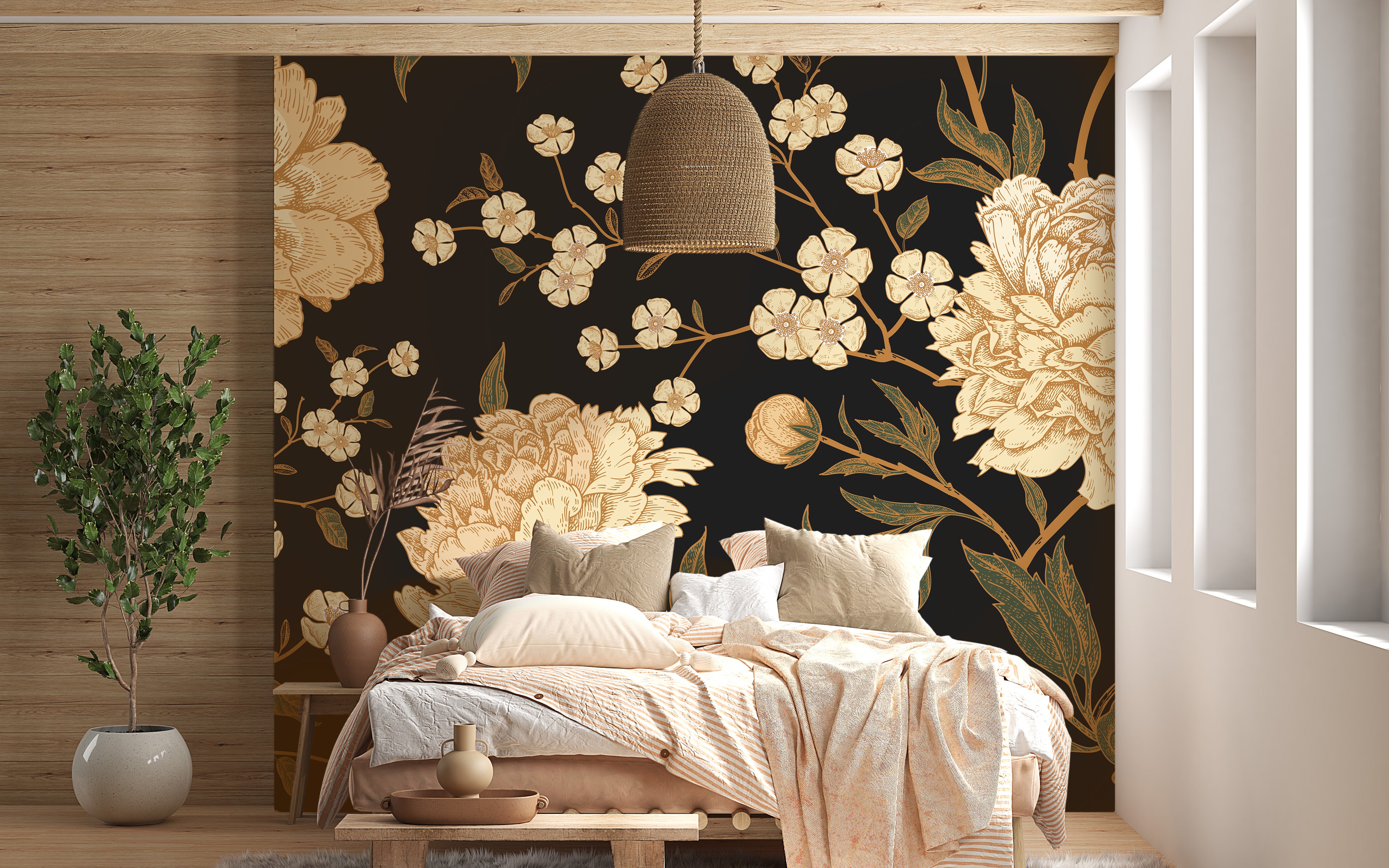 Black floral wallpaper mural with peonies