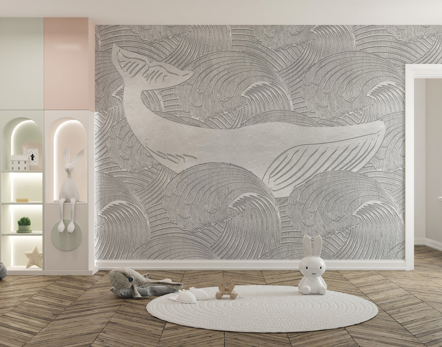 Silver whale wallpaper mural for a playful kids' room