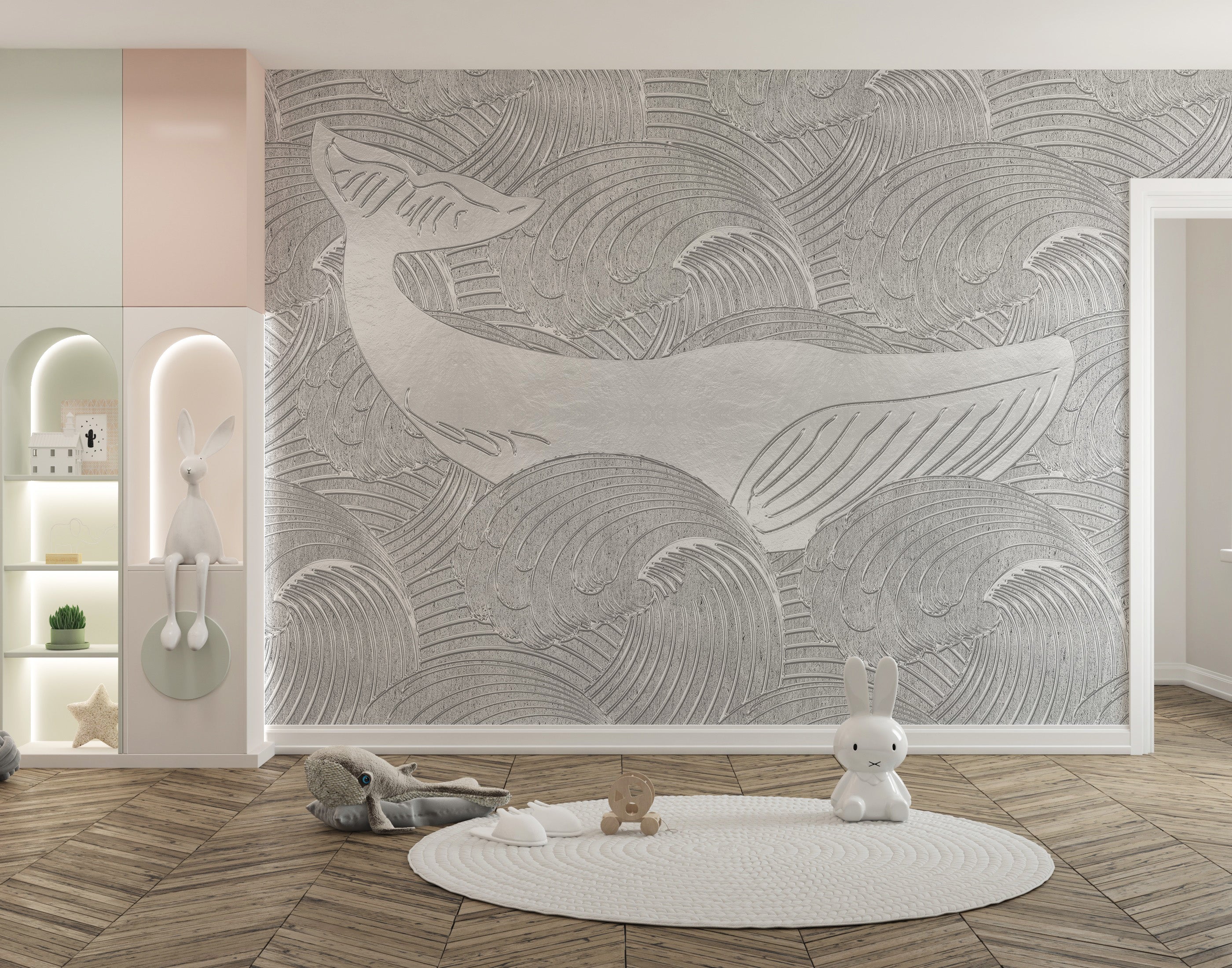 Silver whale wallpaper mural for a playful kids' room