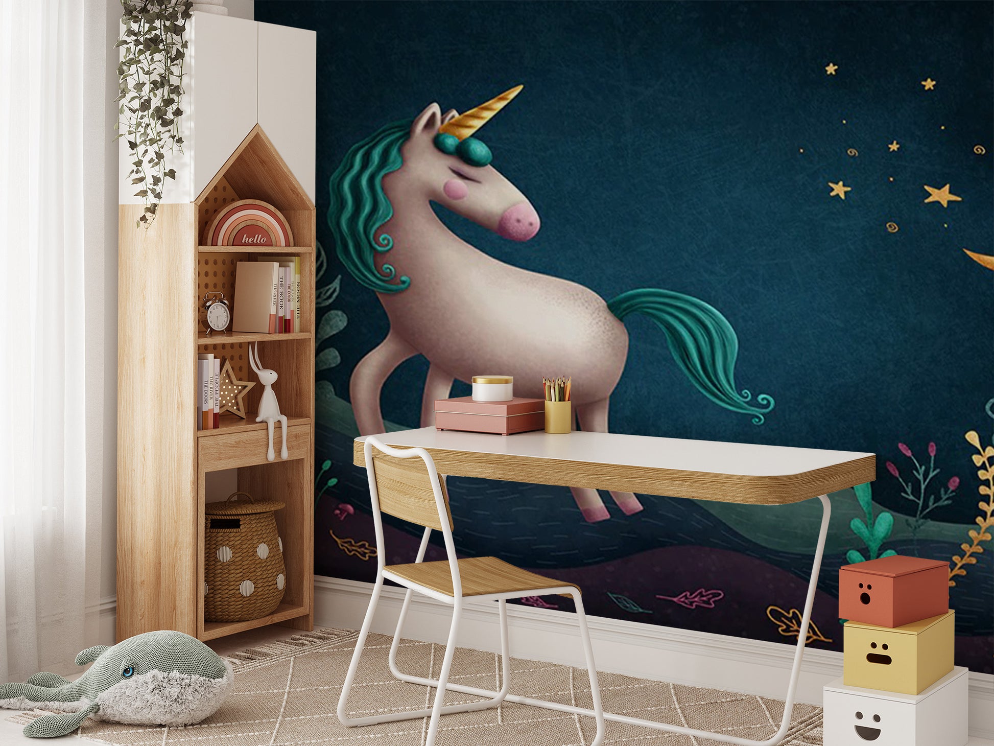 Blue & Green Night Unicorn Wallpaper Mural for playful spaces
