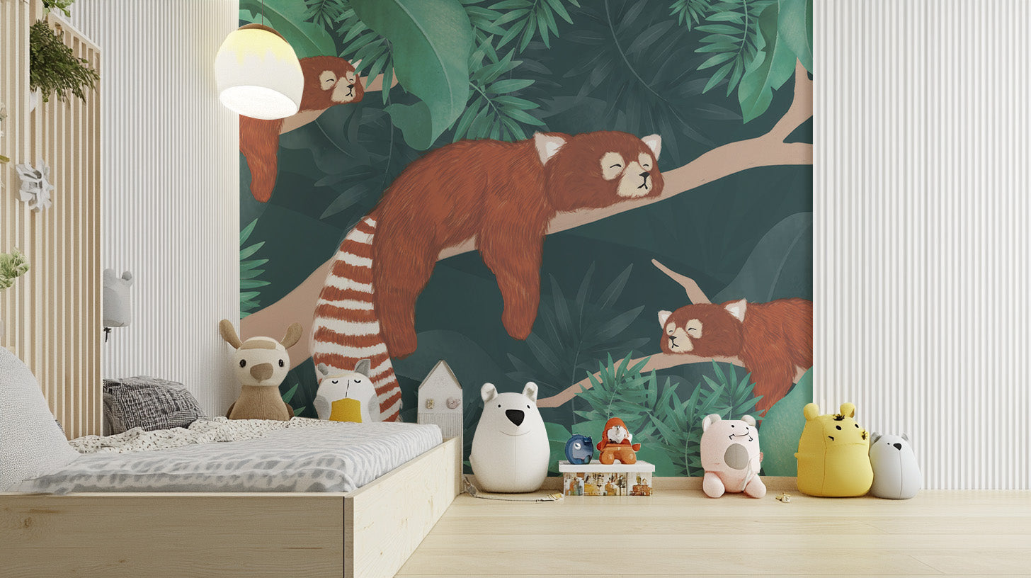 Sleepy red panda mural for nursery wall
