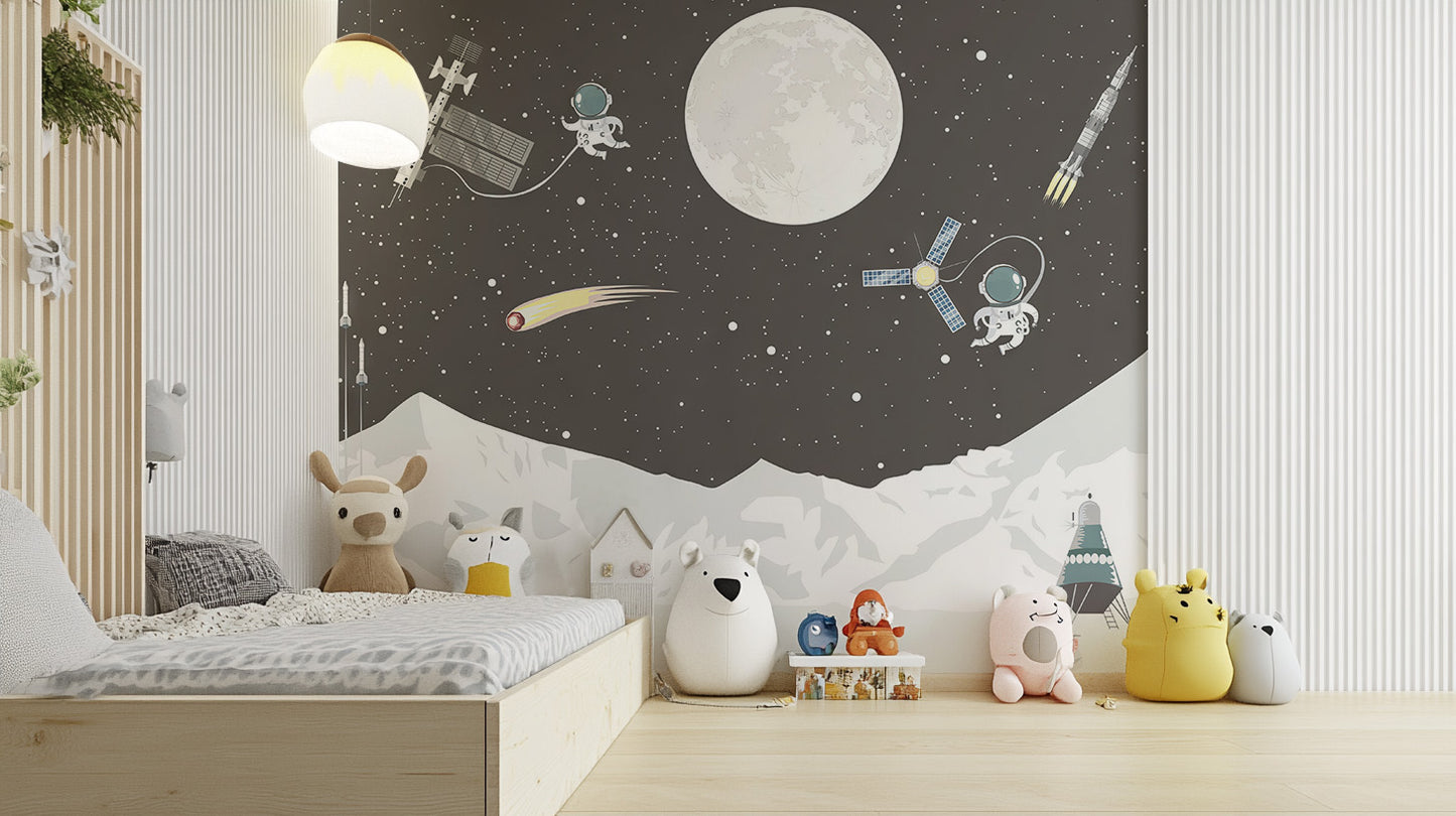 Space-themed wallpaper mural for nursery
