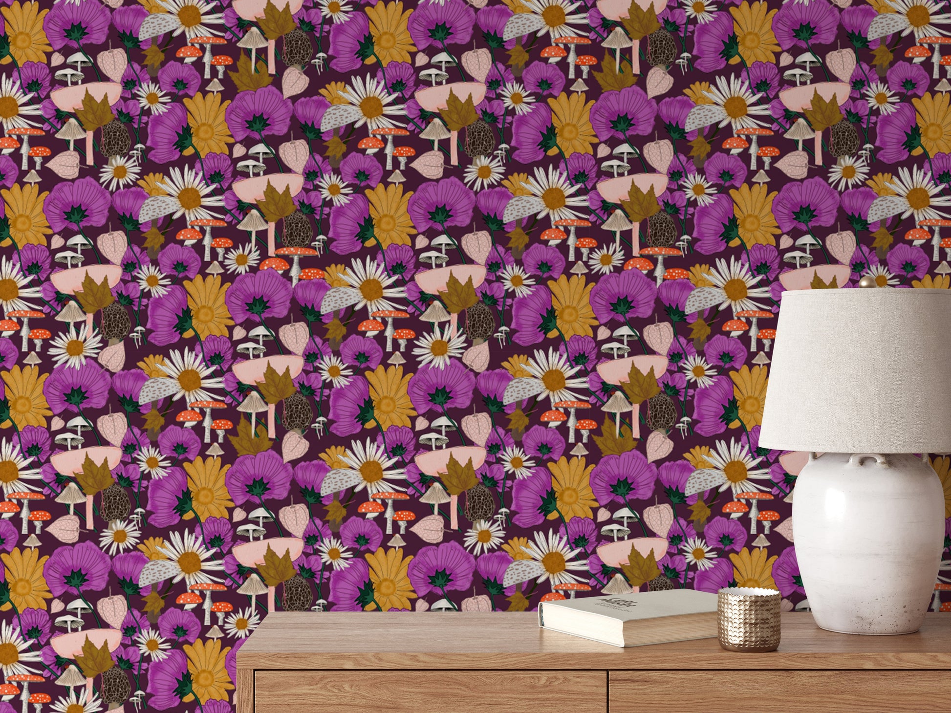 Wild Flowers and Mushrooms Purple Wallpaper for rooms