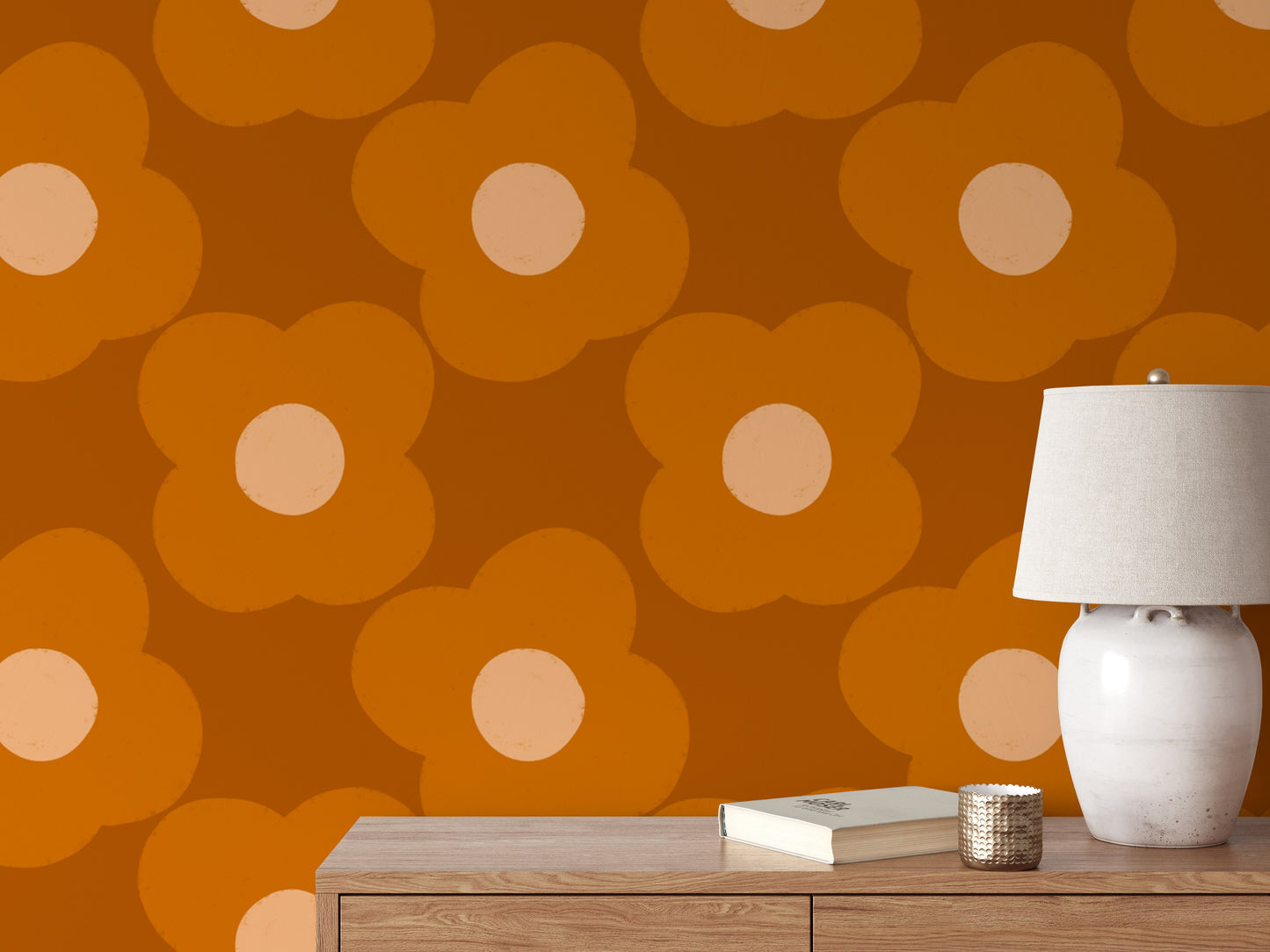 Bright orange rust daisy wallpaper for retro vibes
