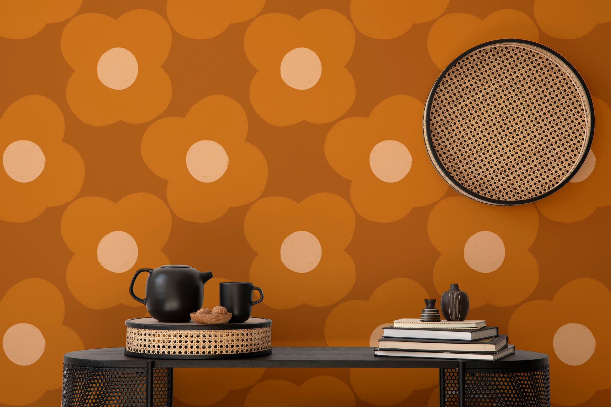 Vintage-inspired daisy mural in warm orange shades
