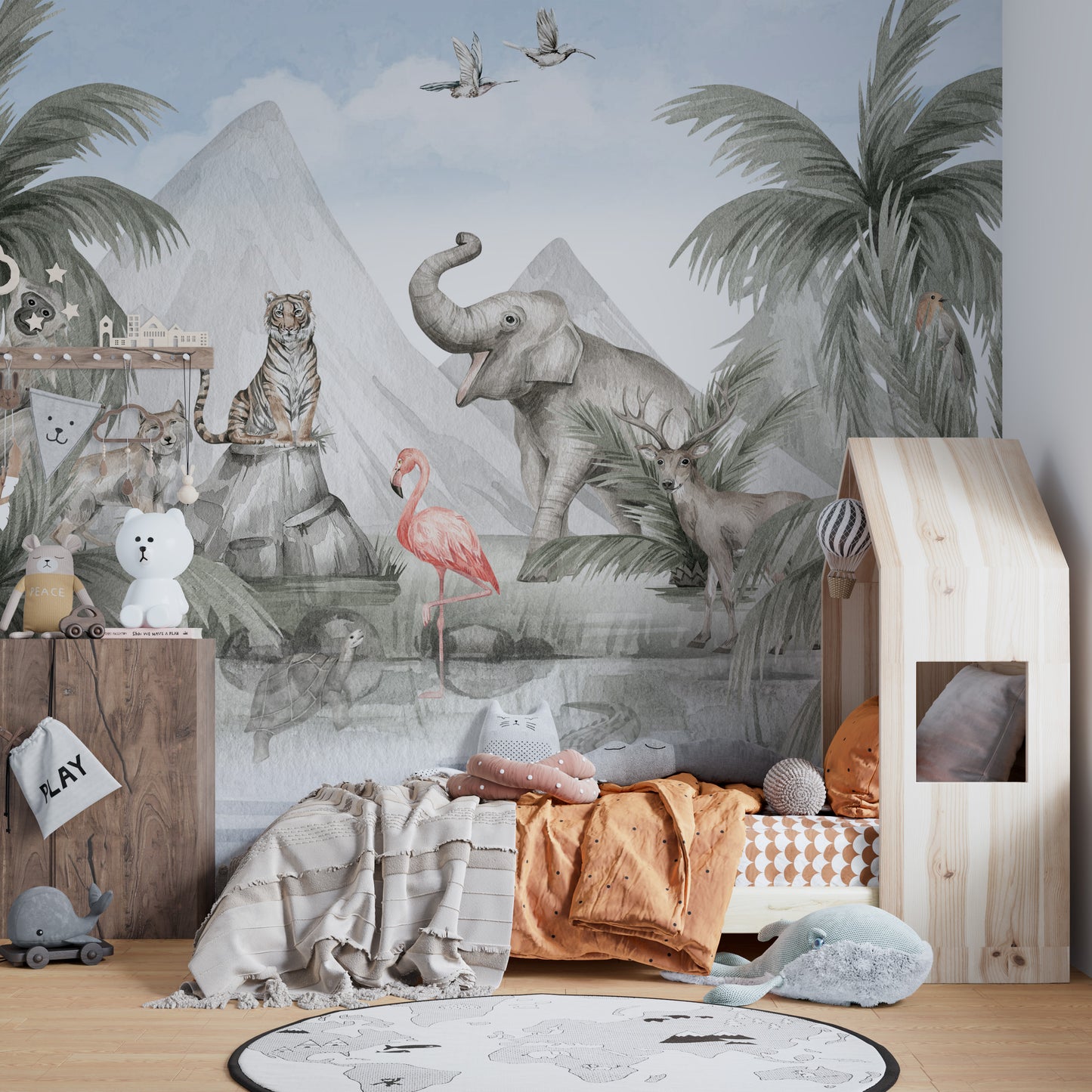 Tropical wildlife haven mural for a jungle vibe