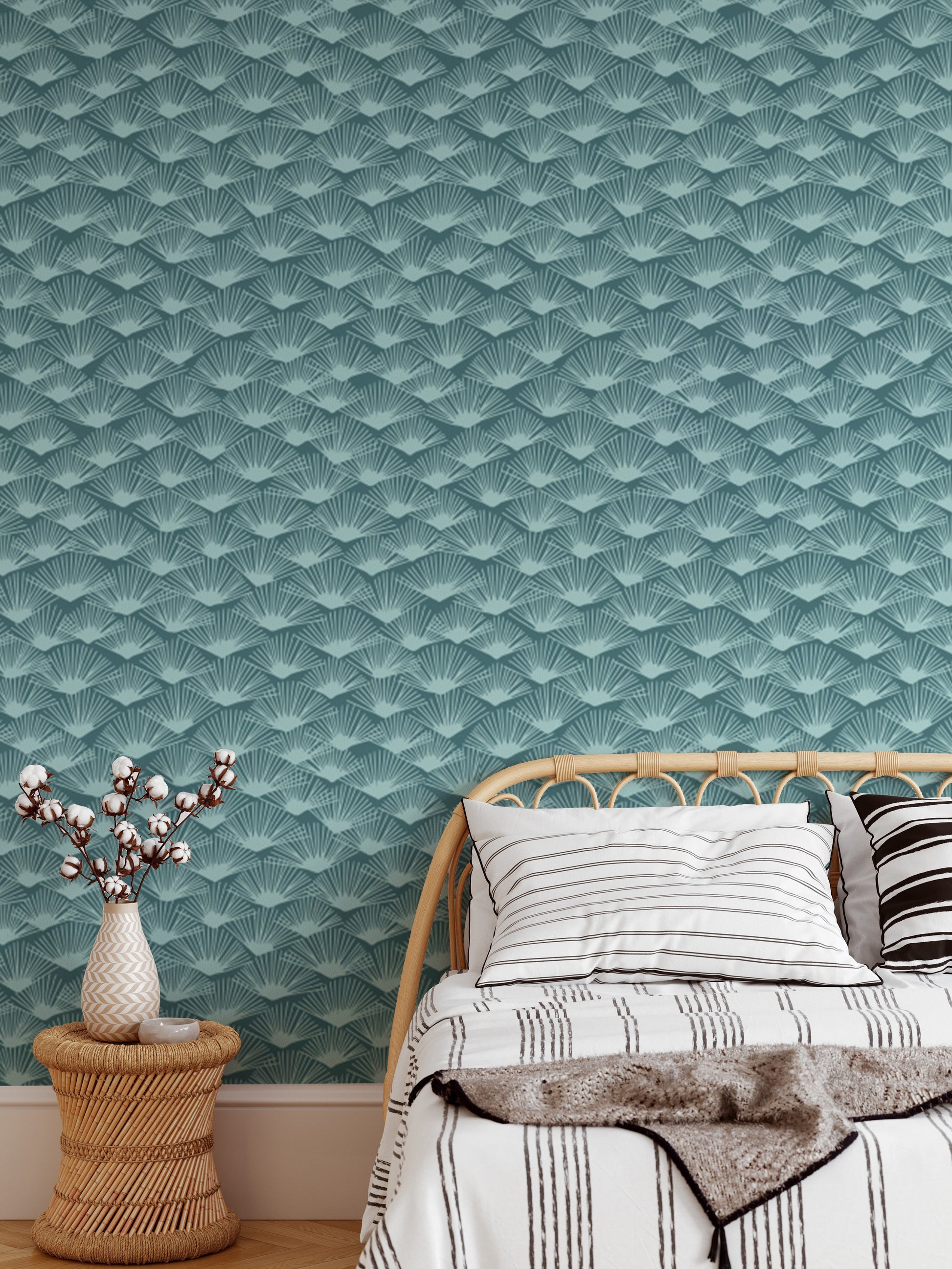 Tropical Teal Fanfare wallpaper featuring lush fan-inspired designs.
