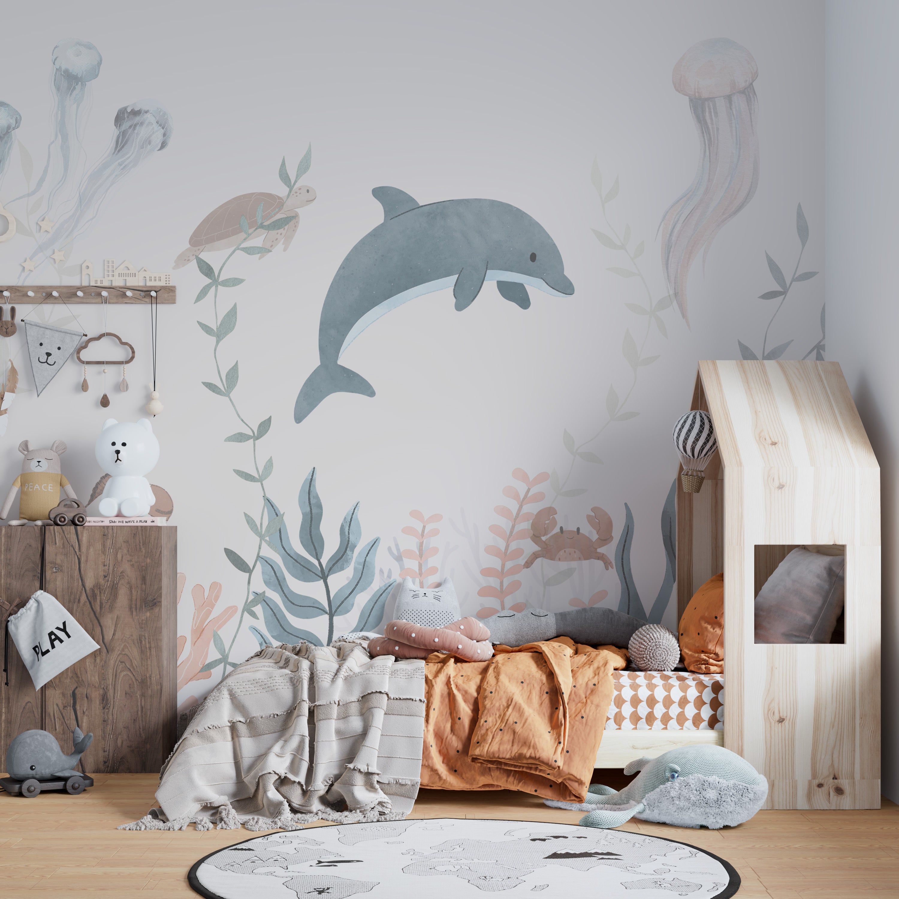 Whimsical underwater wonders mural with fish and coral