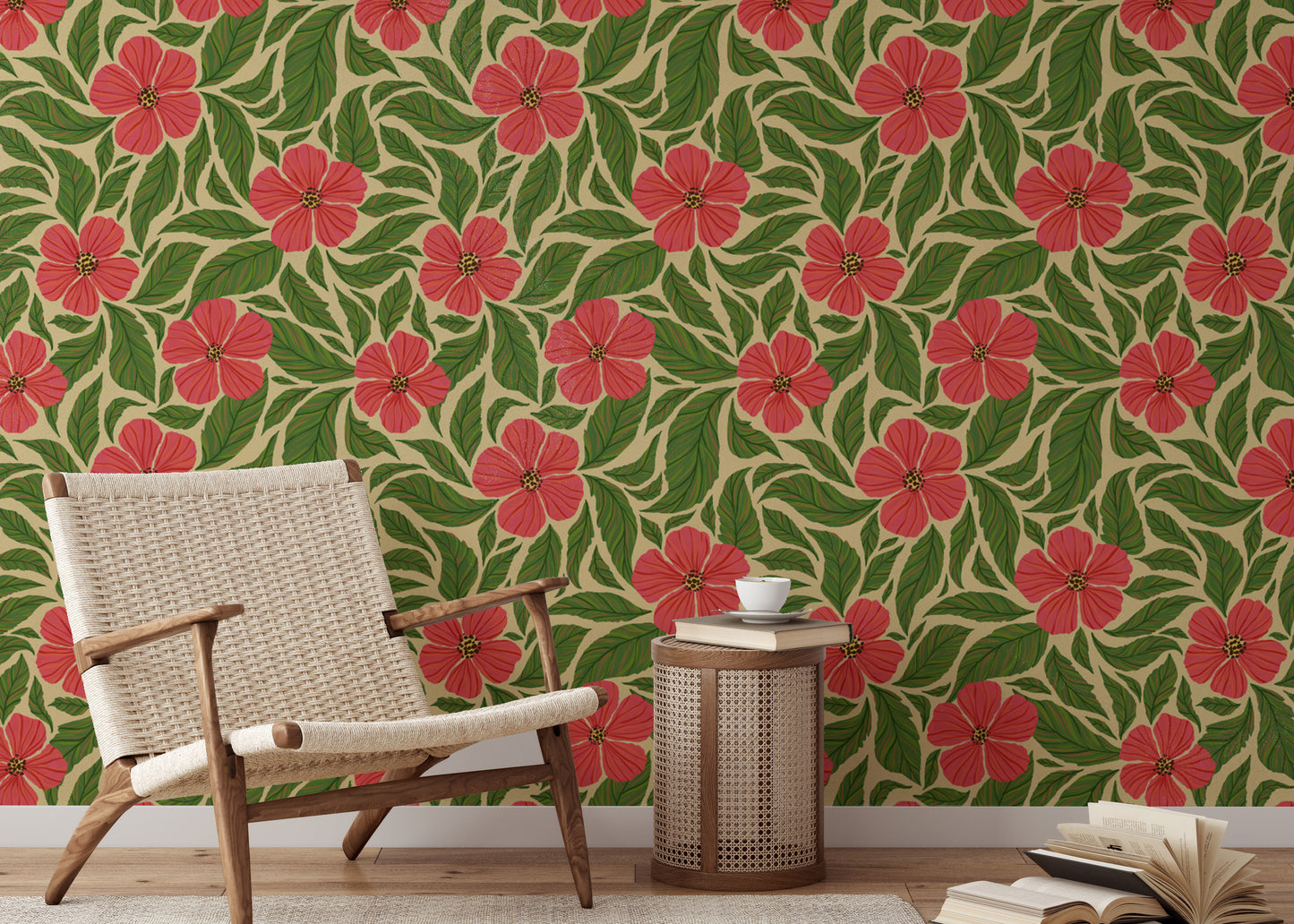 Charming pink flowers dance wallpaper for cozy wall decor.
