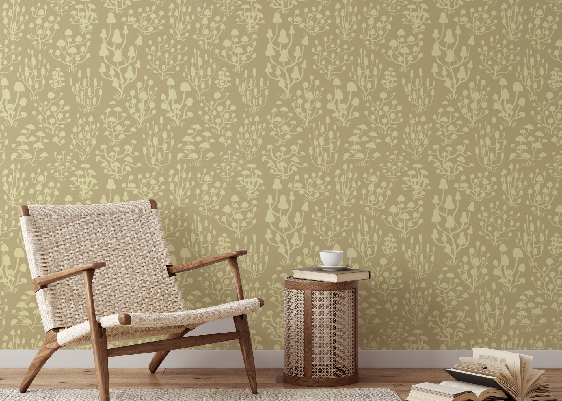 Cute yellow ditsy mushrooms wallpaper for kids’ or playful rooms.
